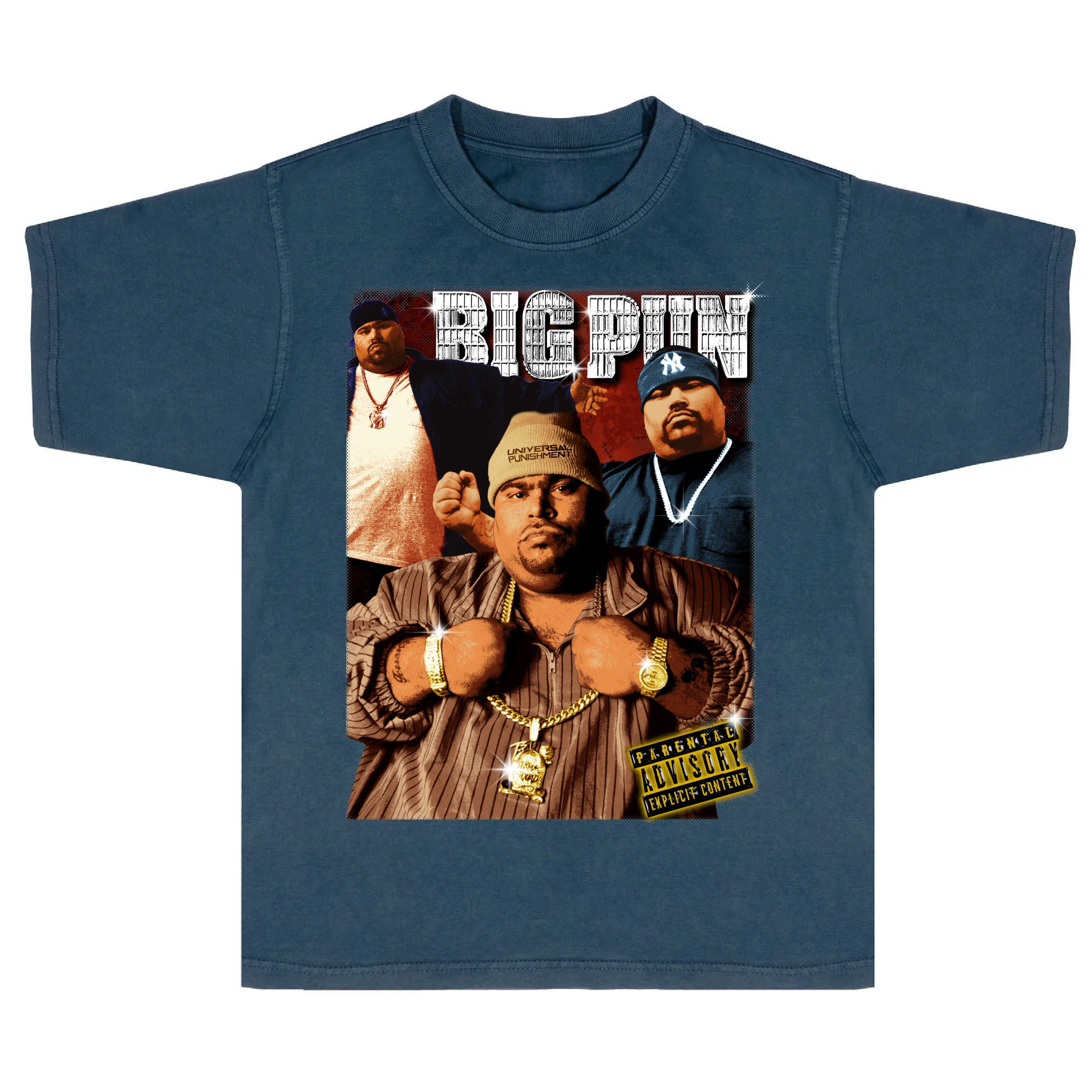 Blue t-shirt with graphic text and design of rapper big pun on a white background