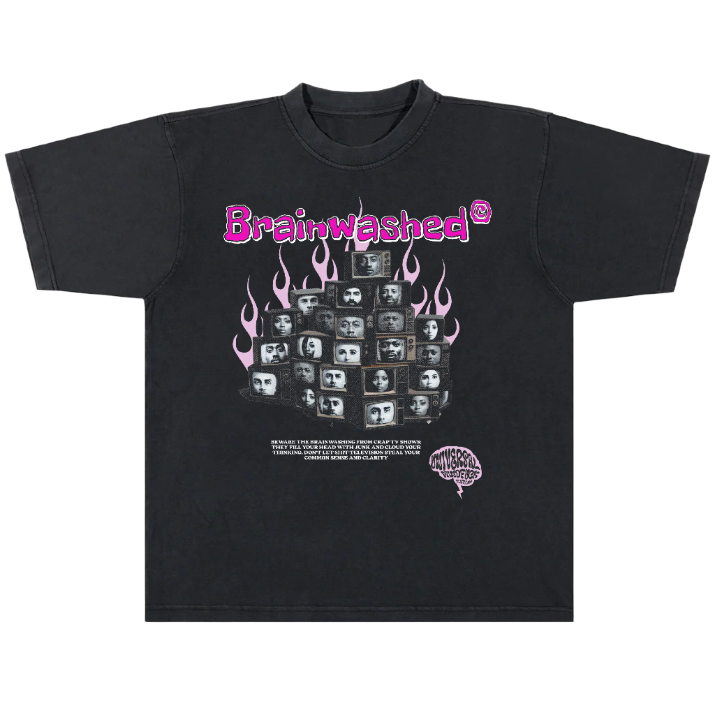 Black t-shirt with 'Brainwashed' graphic design on a white background