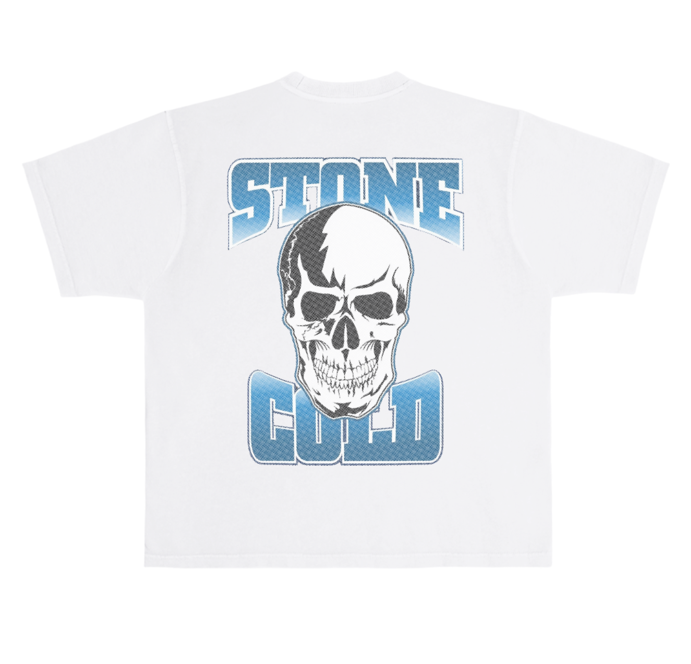 White t-shirt with a skull design and 'STONE GULO' text on a white background