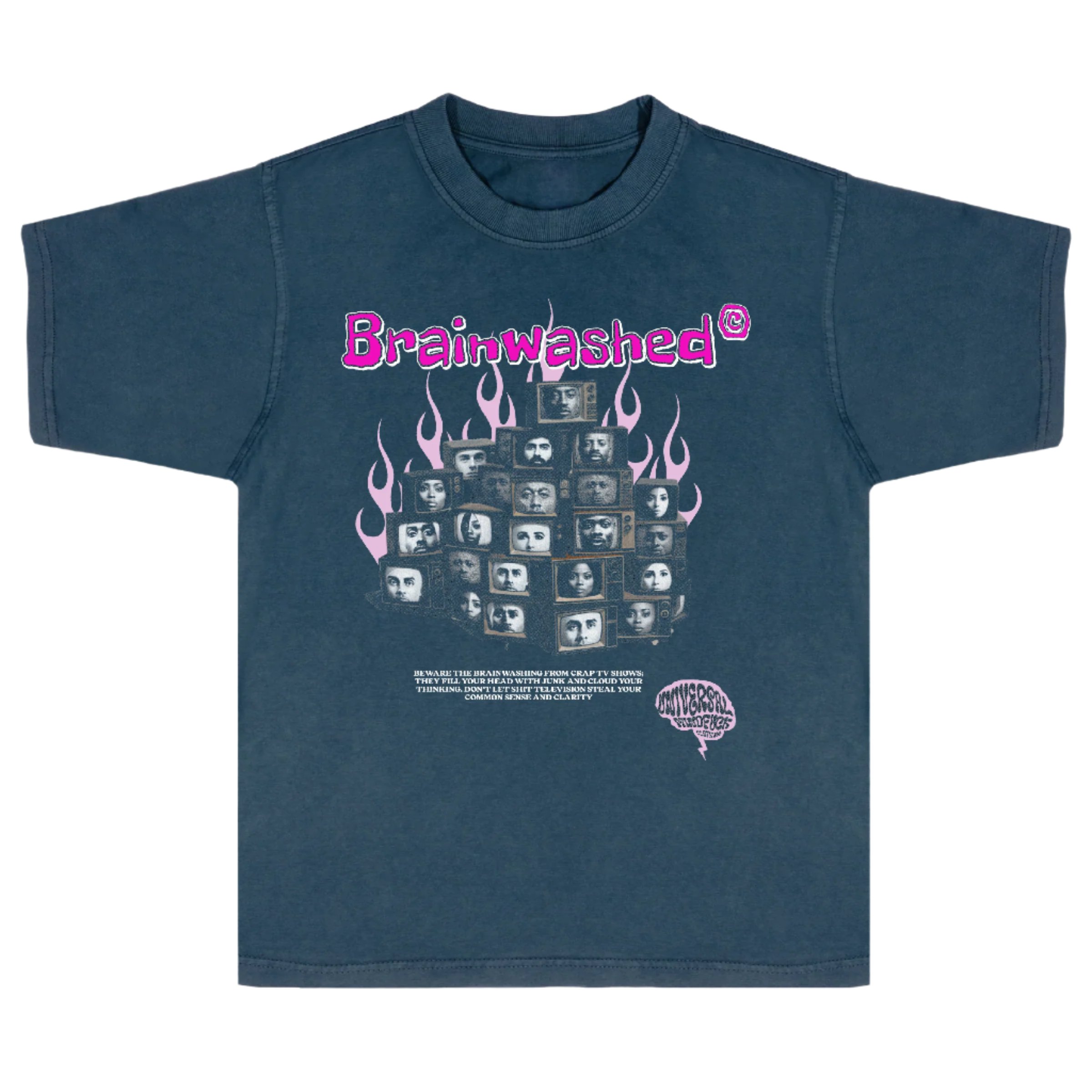 Navy blue t-shirt with 'Brainwashed' graphic design on a white background