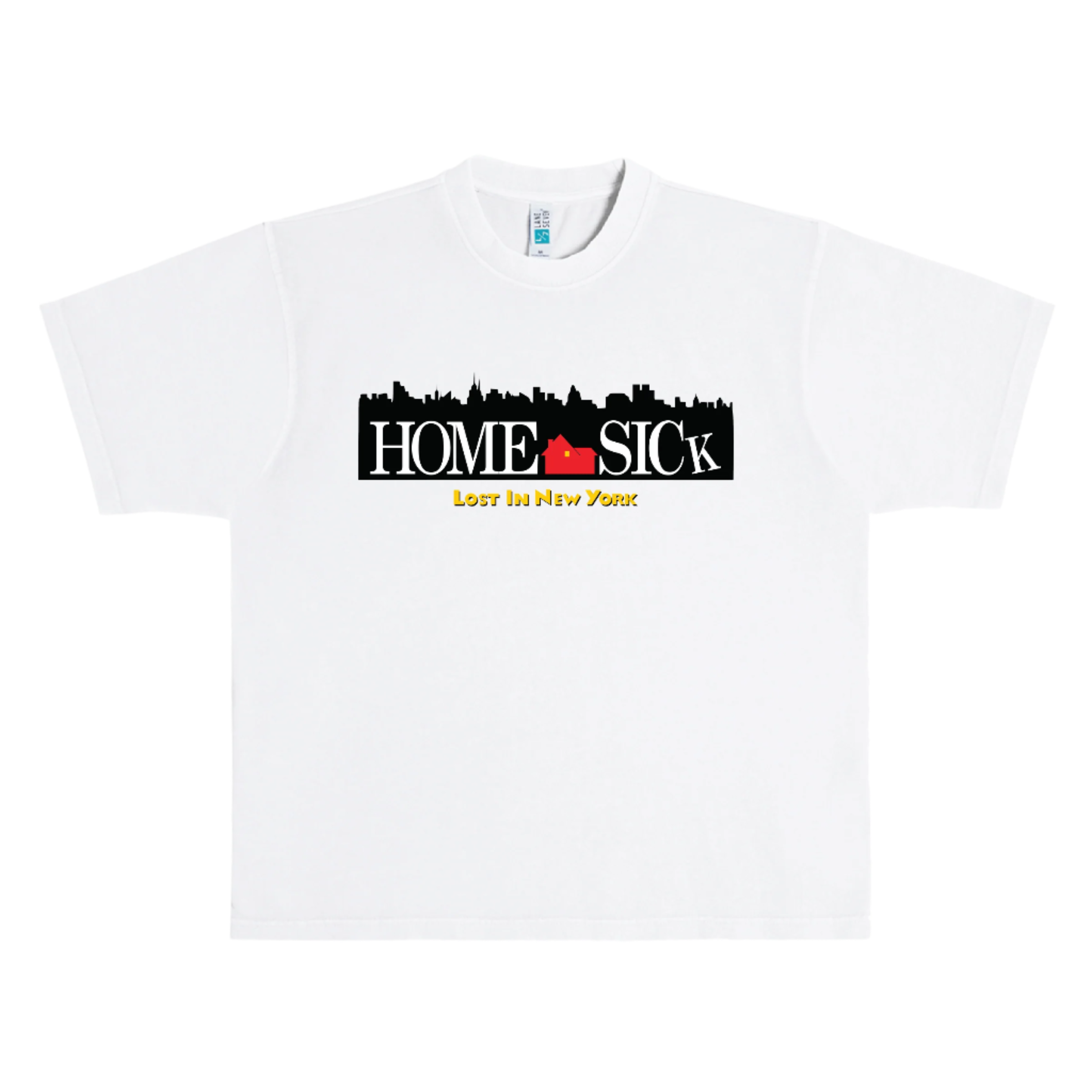 White t-shirt with 'HOME SICk' design on a white background