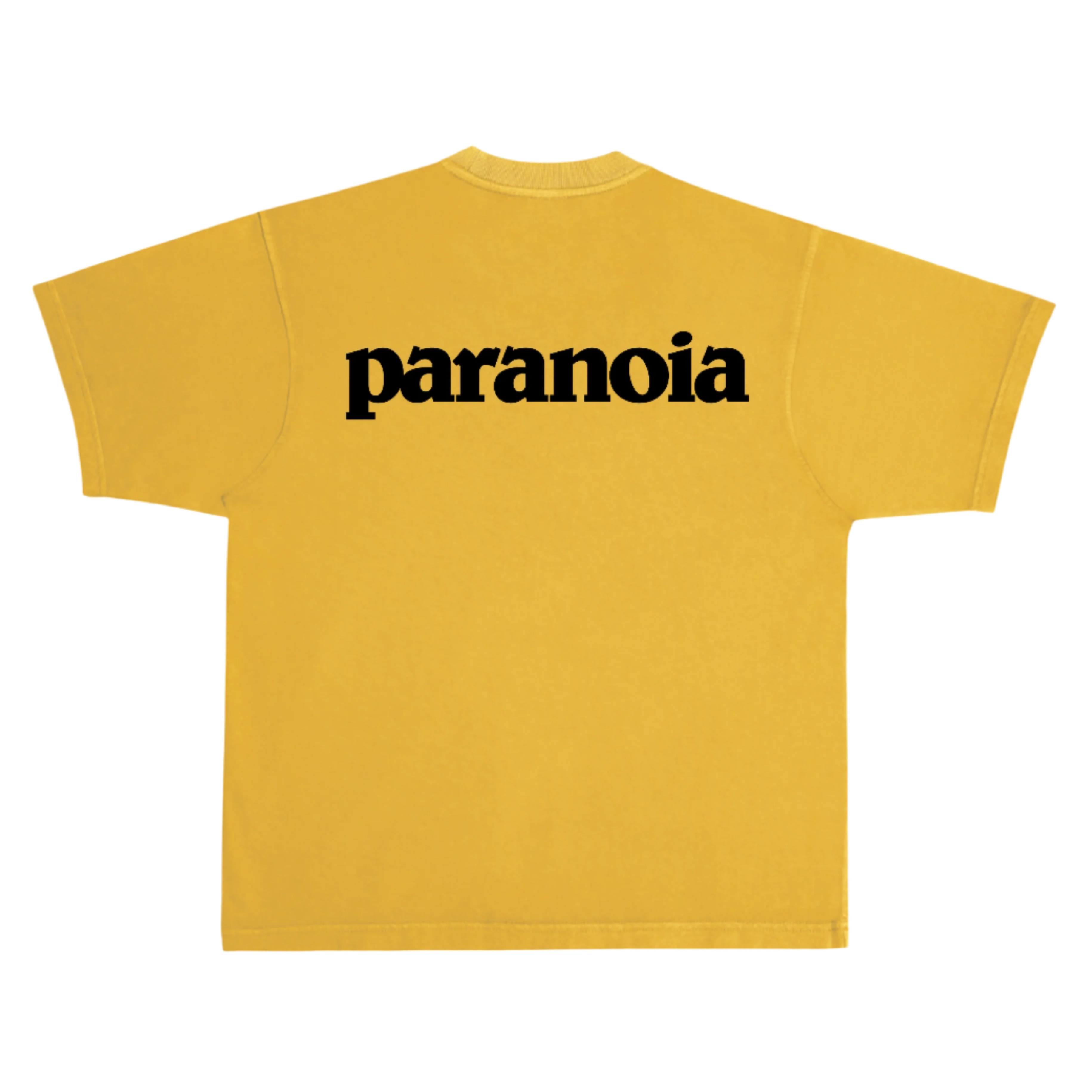 Yellow t-shirt with 'paranoia' text on a white background