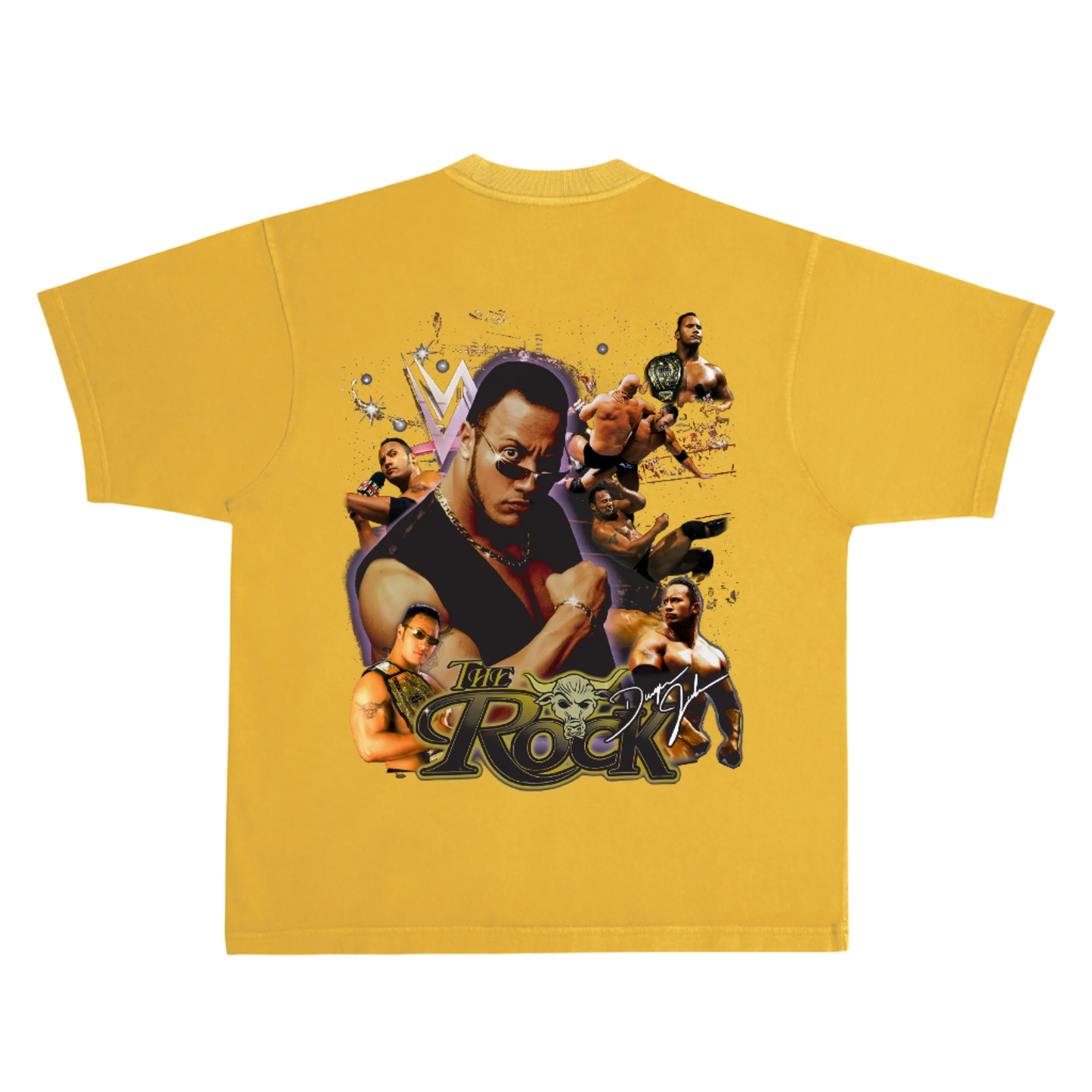 Yellow t-shirt with wrestling graphic and text on a white background