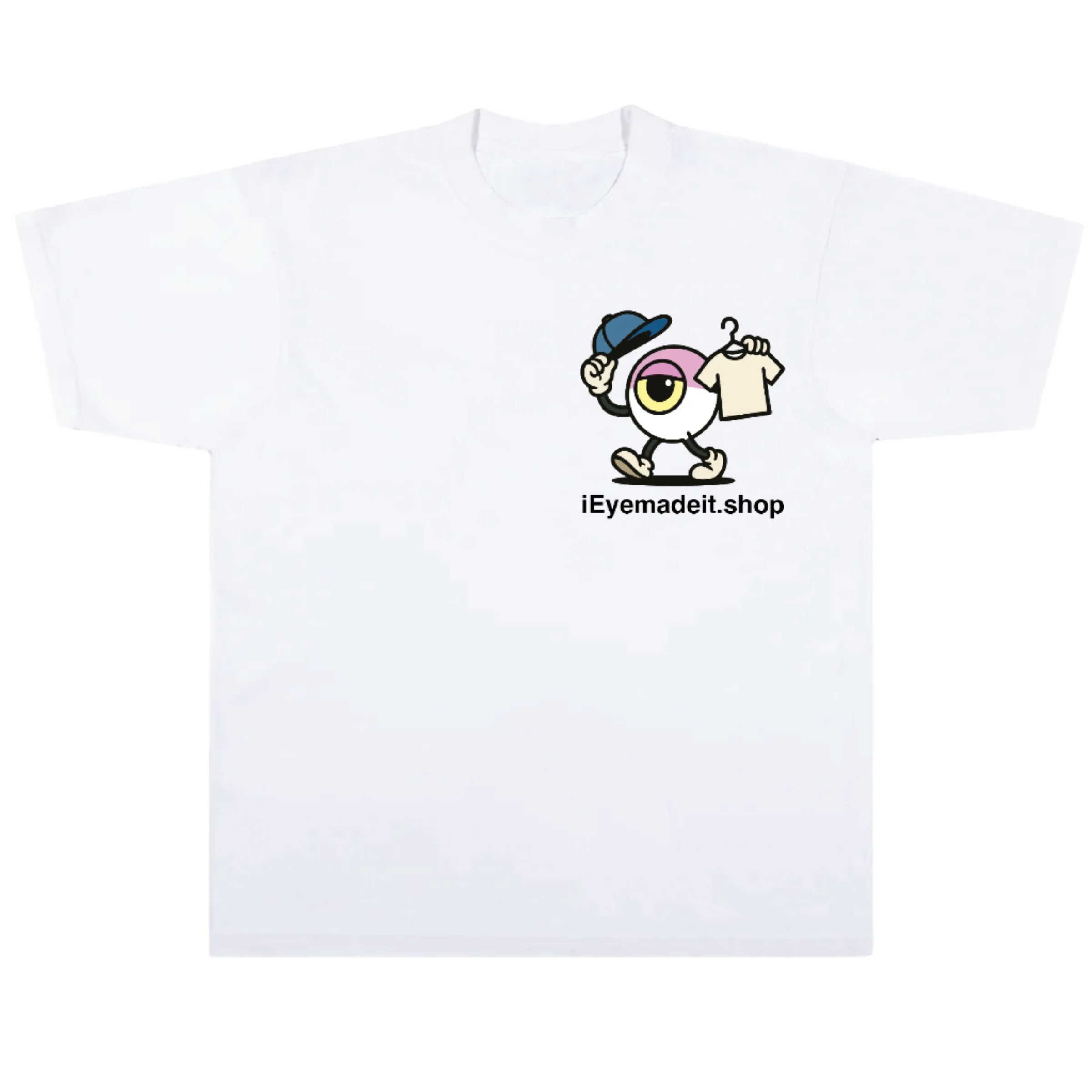White t-shirt with a cartoon character and 'iEyemadeit.shop' text on a white background