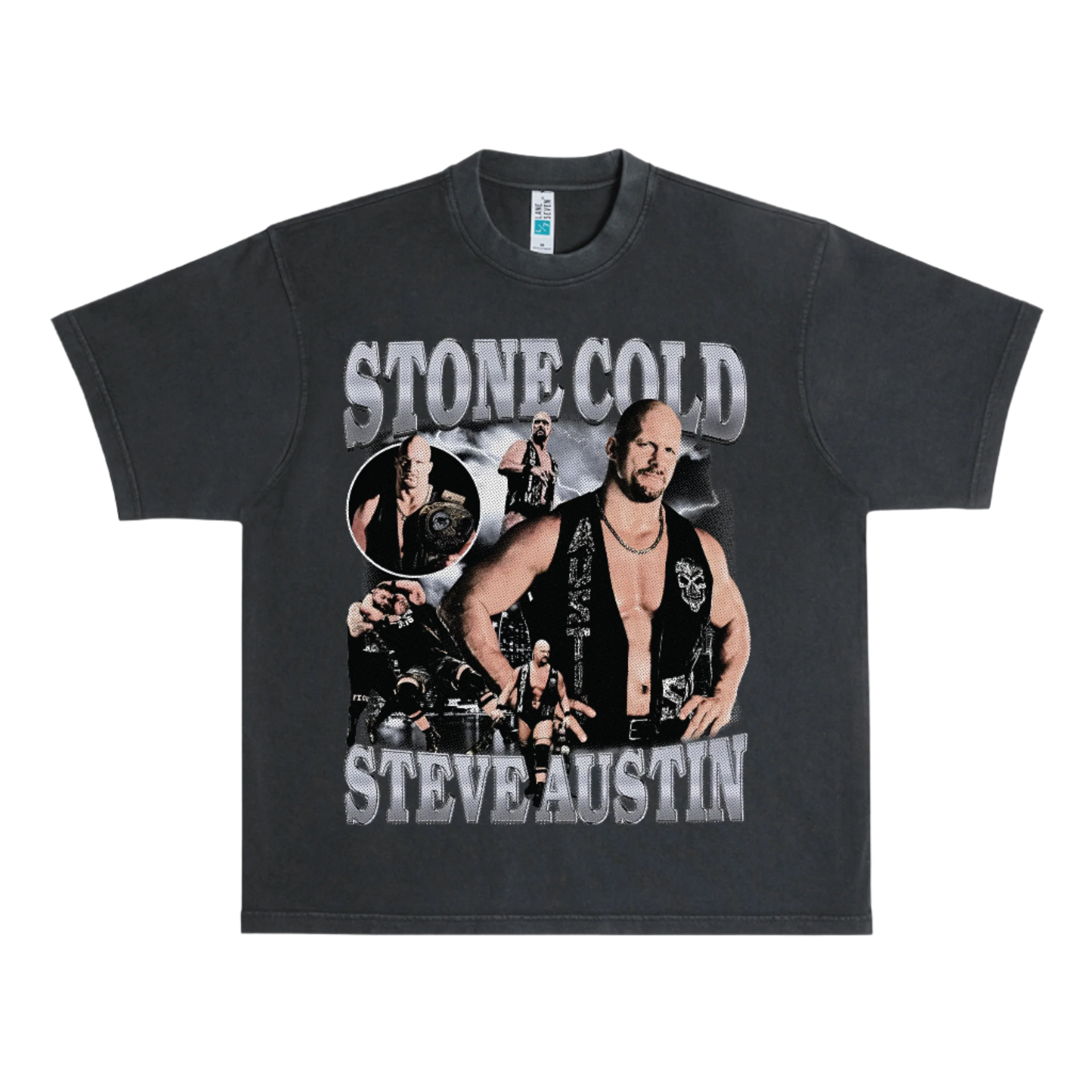 Black t-shirt with 'Stone Cold Steve Austin' graphic design on a white background