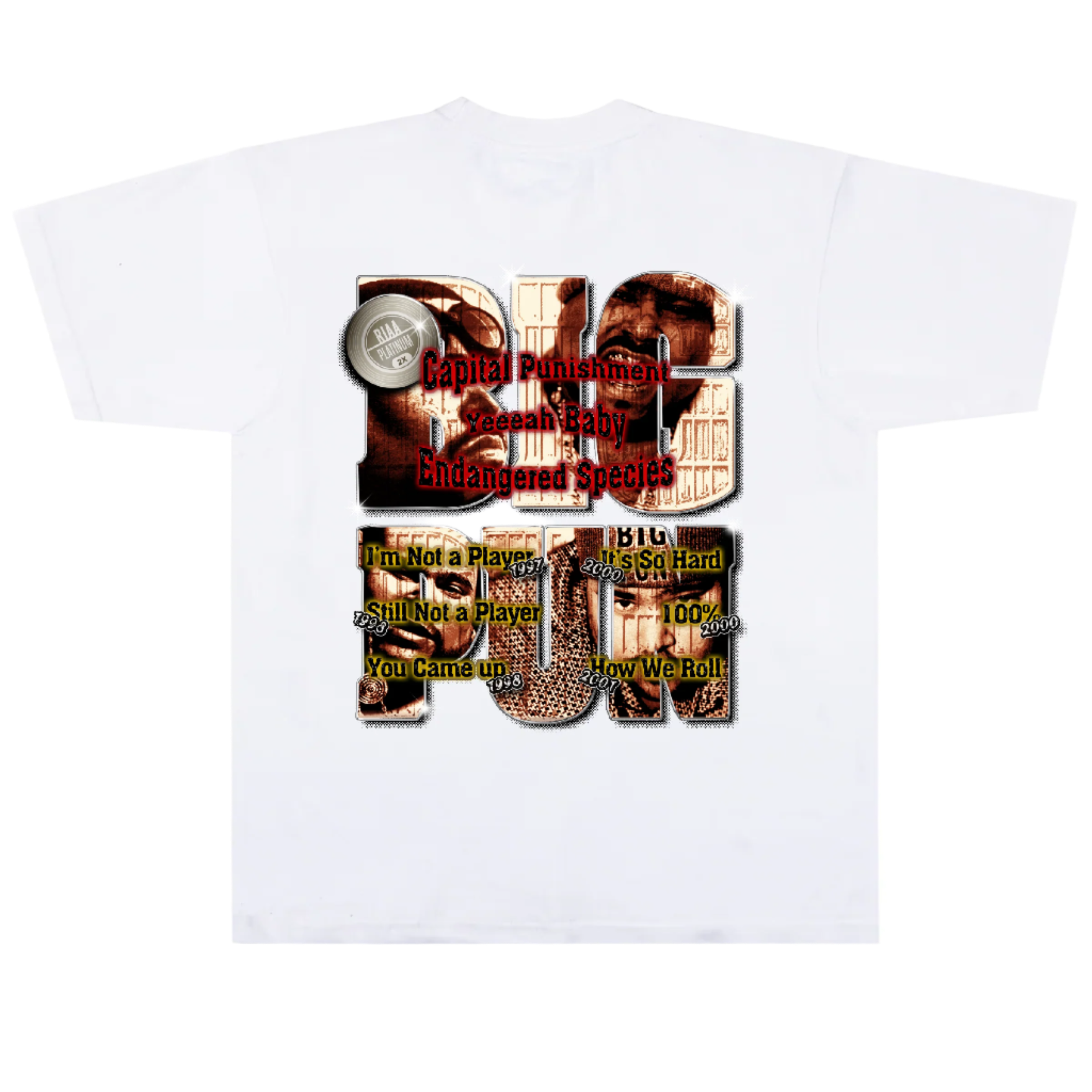 White t-shirt with graphic text and design of rapper big pun on a white background