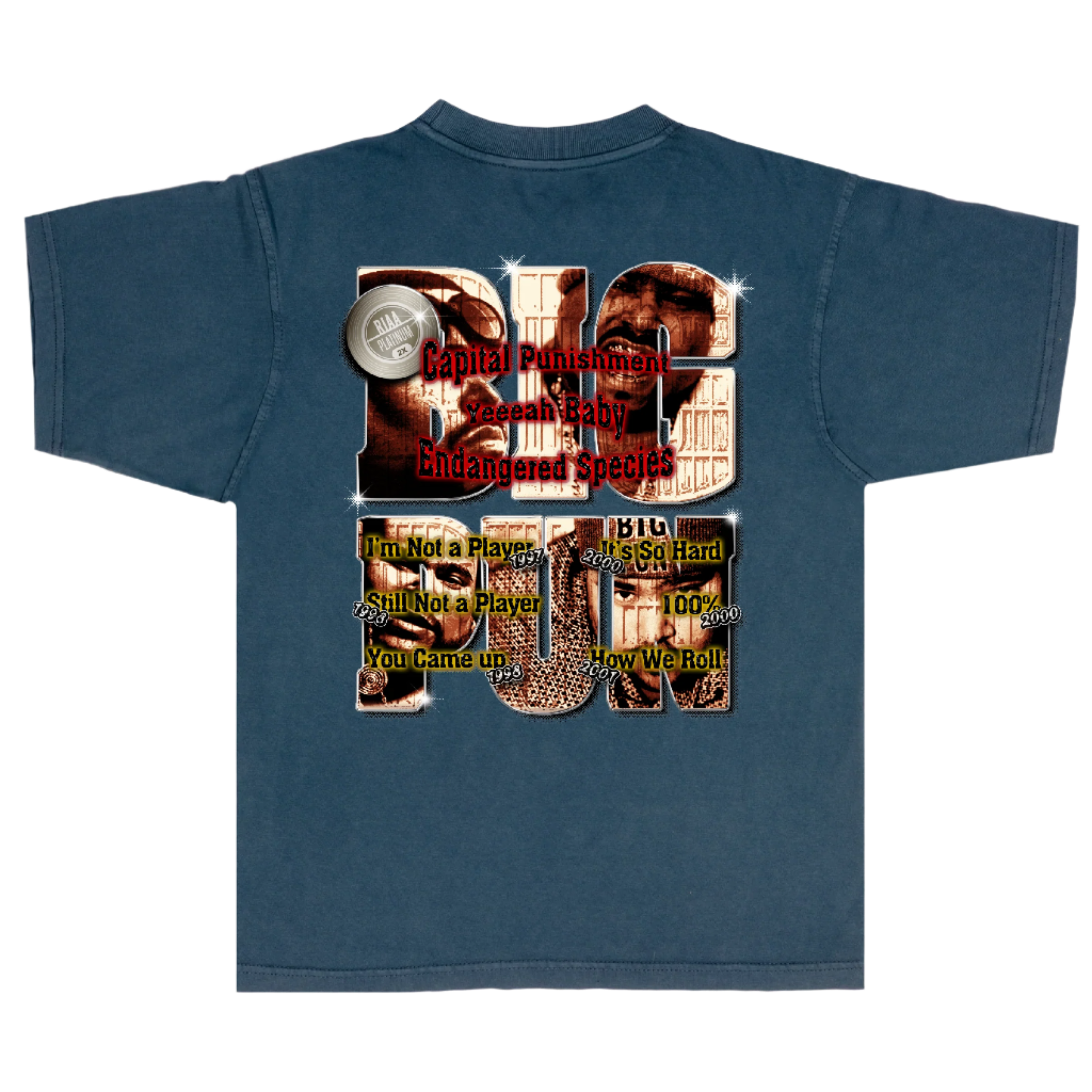 Blue t-shirt with graphic text and design of rapper big pun on a white background