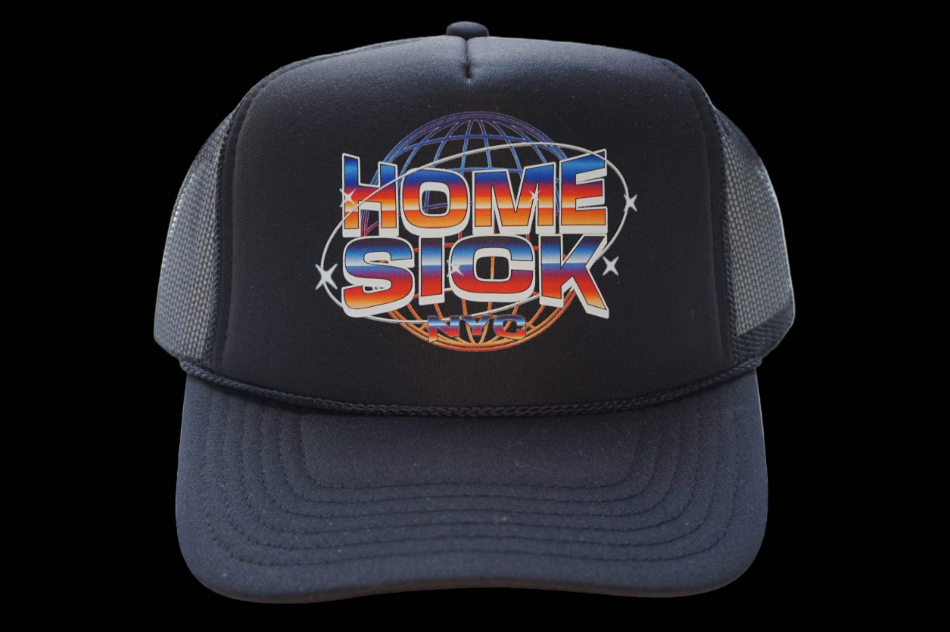 Black cap with 'Home Sick' logo on a white surface