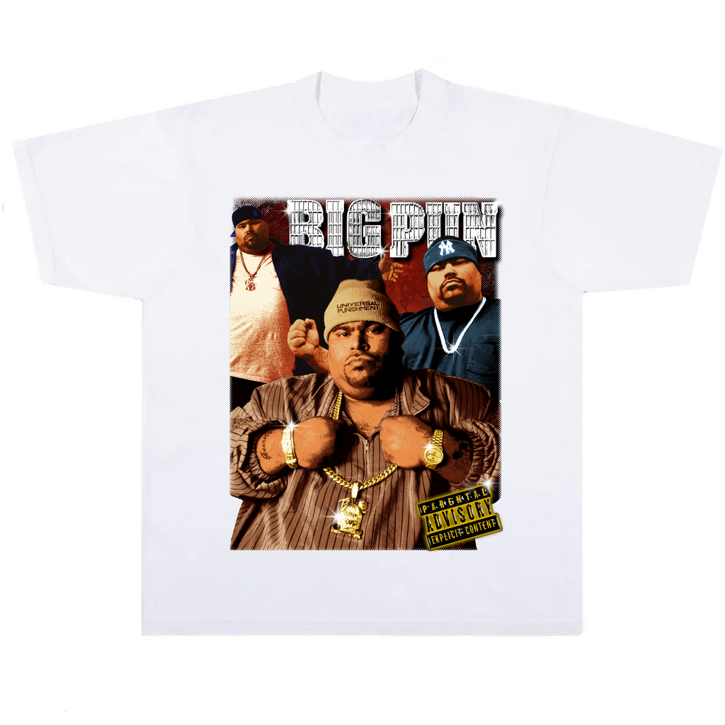 White t-shirt with graphic text and design of rapper big pun on a white background
