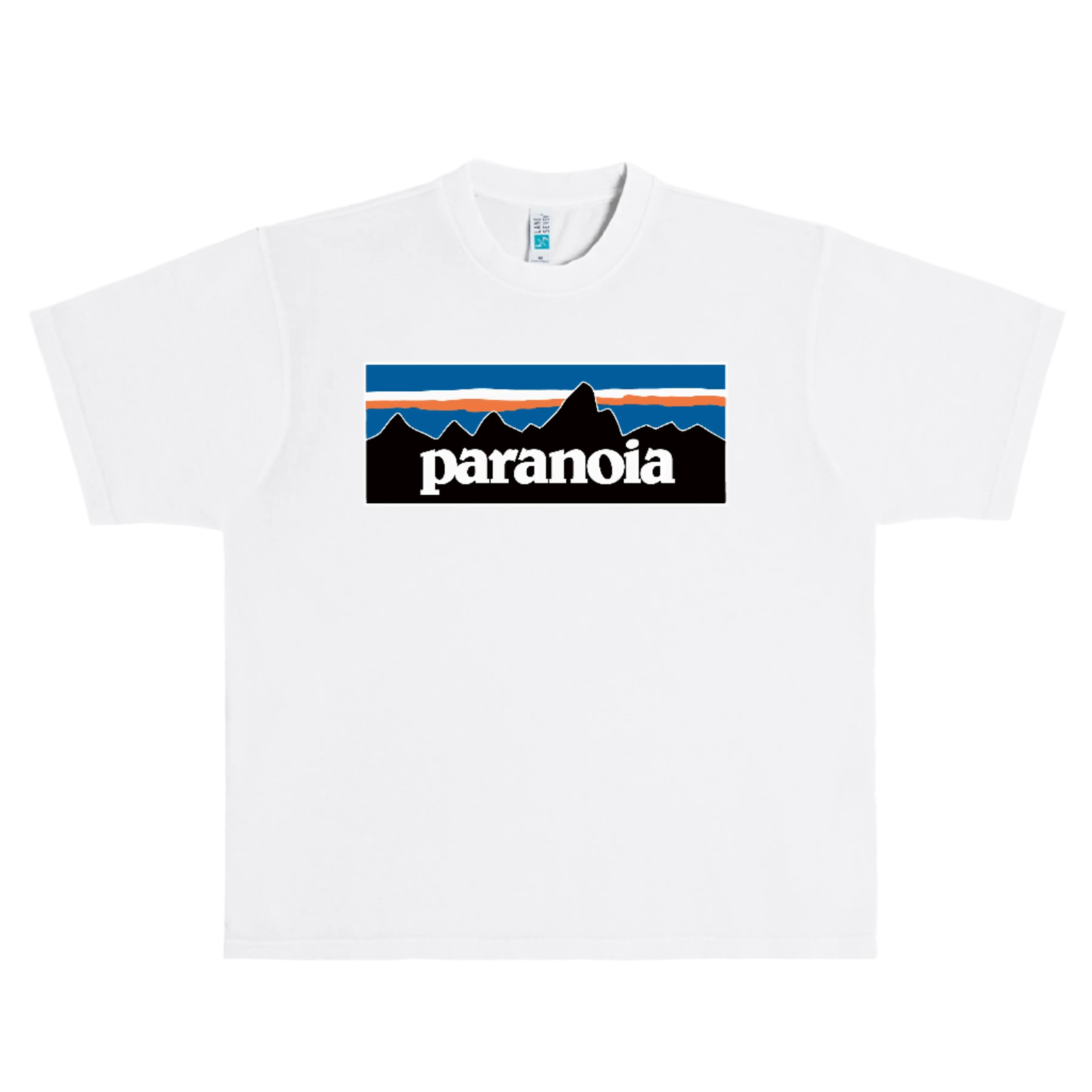 White t-shirt with 'paranoia' graphic design on a white background
