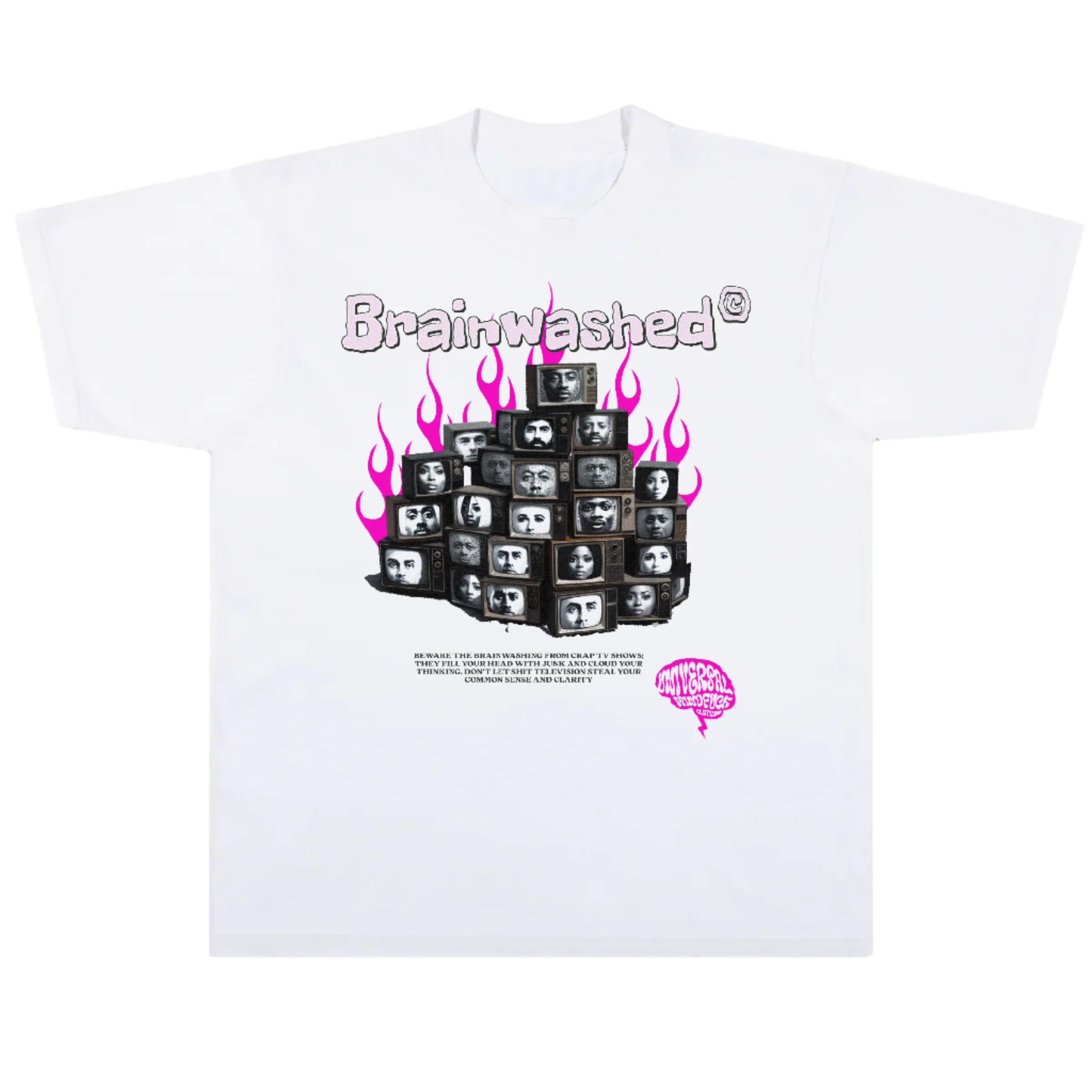 White t-shirt with 'Brainwashed' graphic design featuring stacked TV screens and flames on a white background.