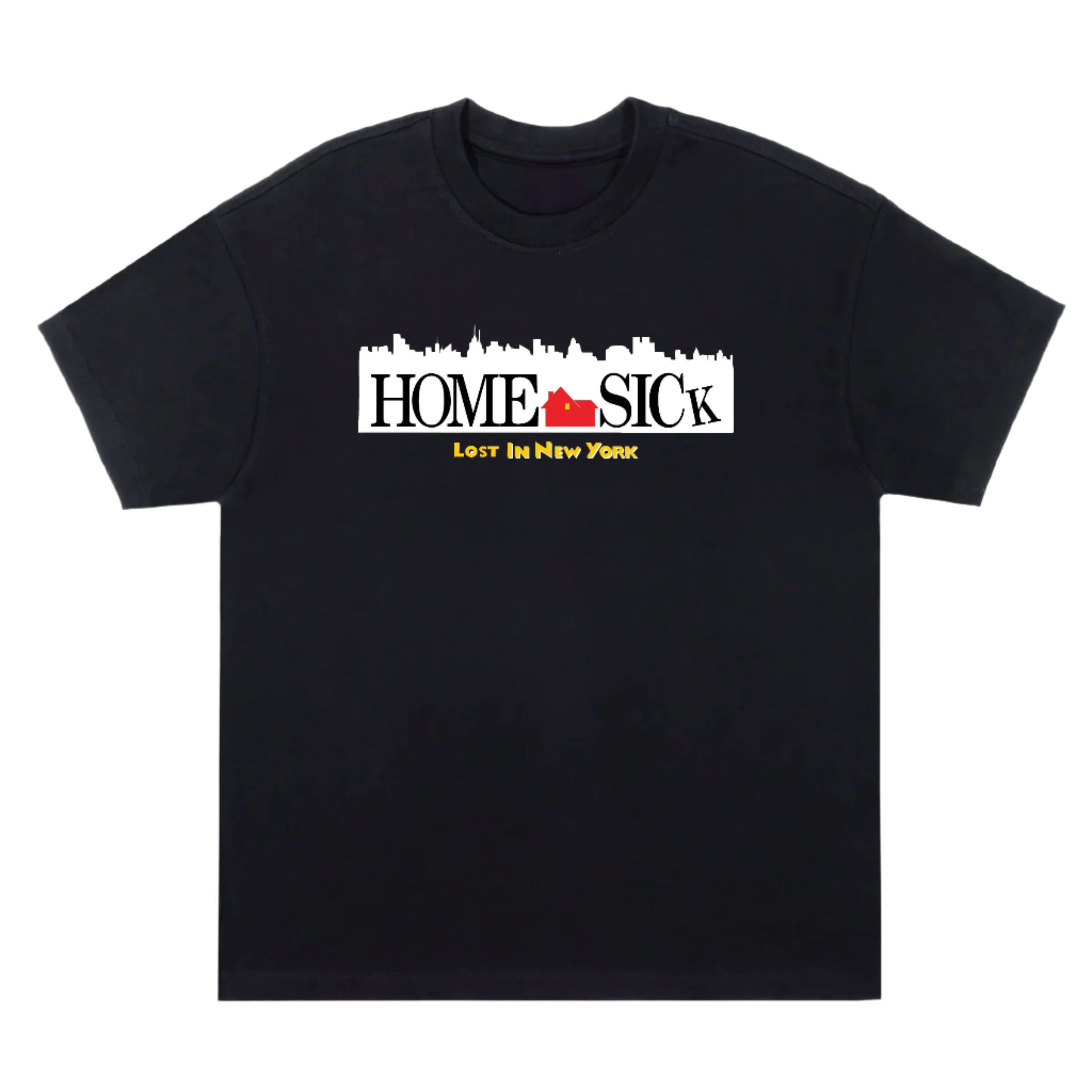 Black t-shirt with 'HOME SICK Lost in New York' graphic on a white background