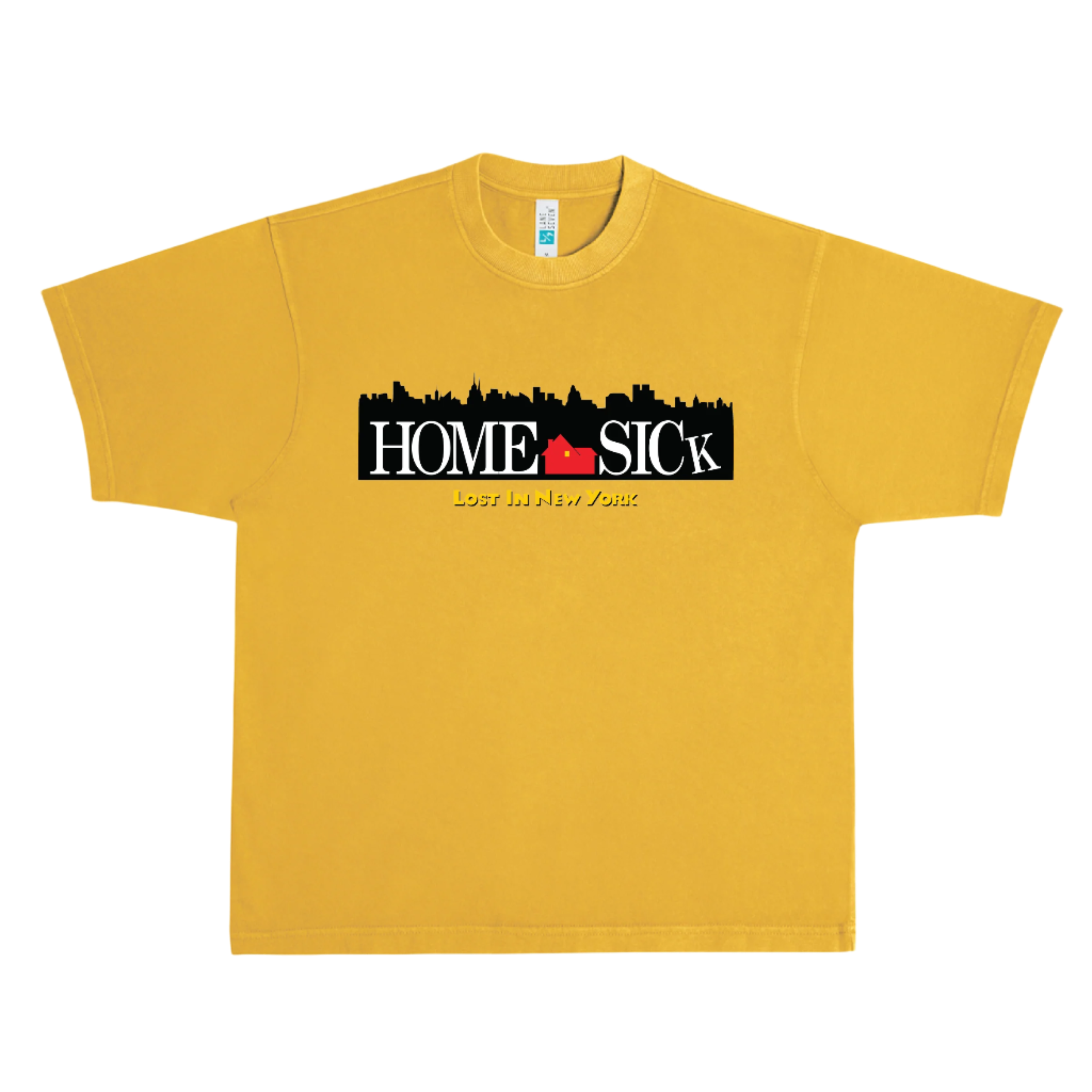 Yellow t-shirt with 'HOME SICk' graphic on a white background
