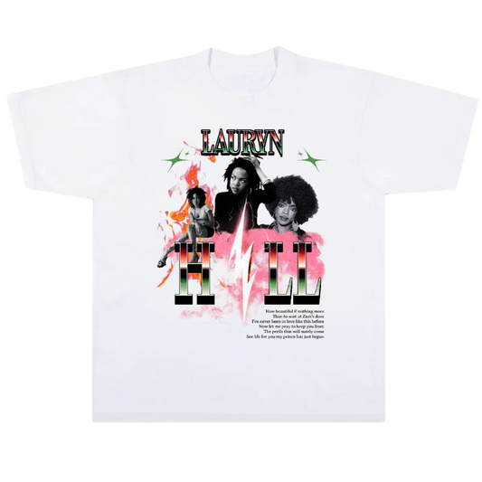 White t-shirt with graphic design of three people and the word 'Lauryn' on a white background