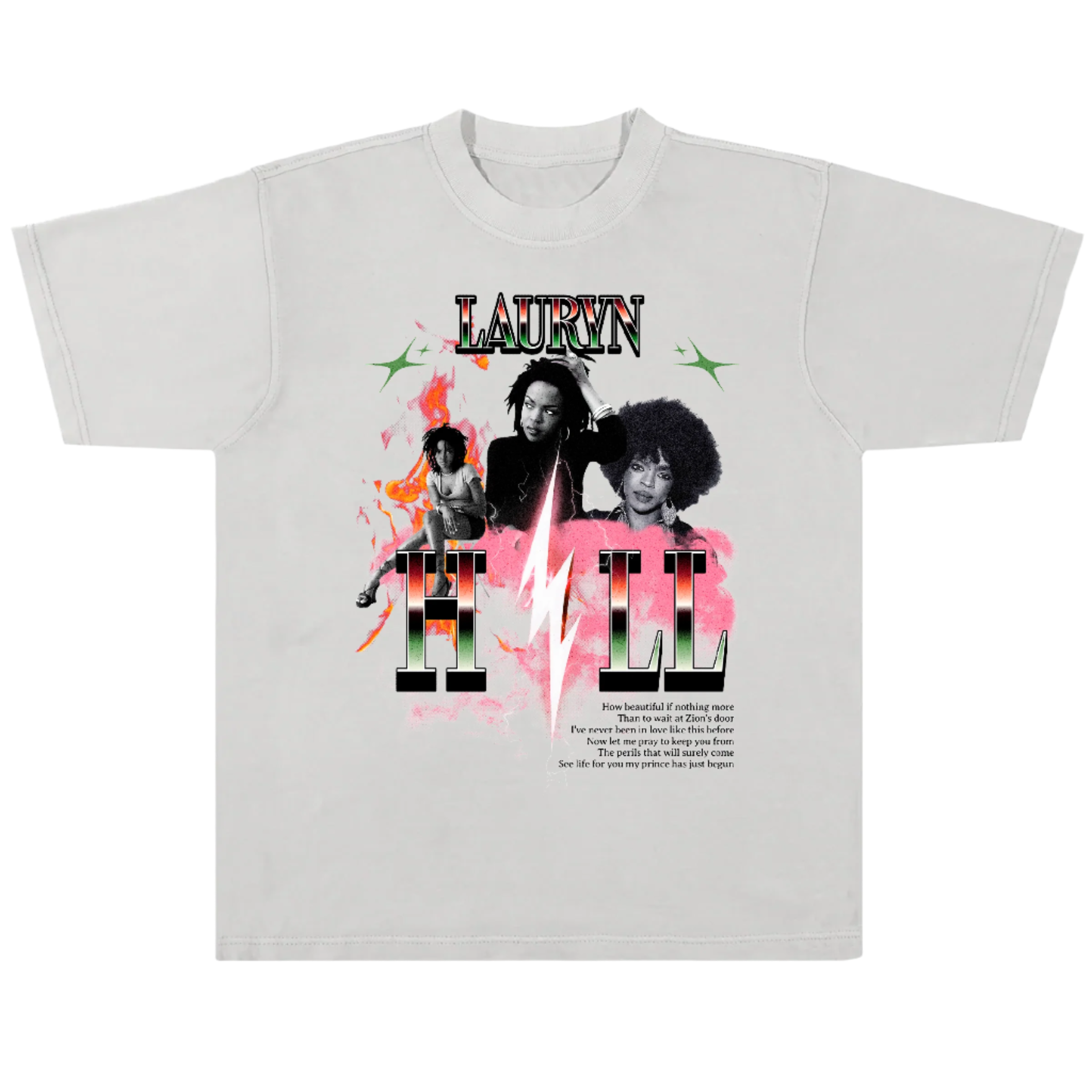 Gret t-shirt with graphic design of three people and the text 'Lauryn Hill' and 'to zion' lyrics on a white background