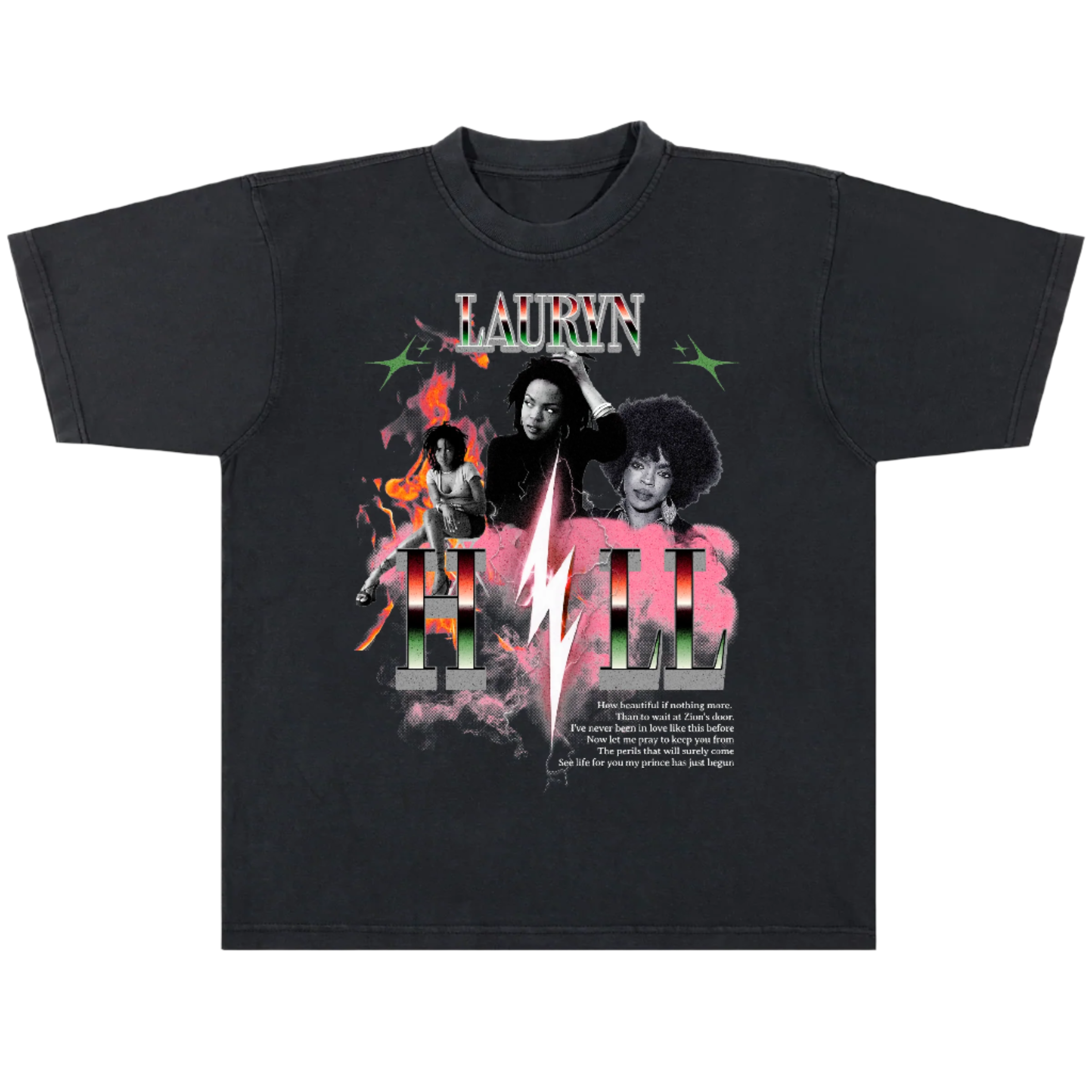 Black t-shirt with graphic design featuring three people and the word 'Lauren' on a white background