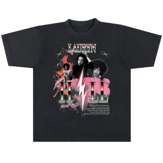 Black t-shirt with graphic design featuring three people and the word 'Lauren' on a white background