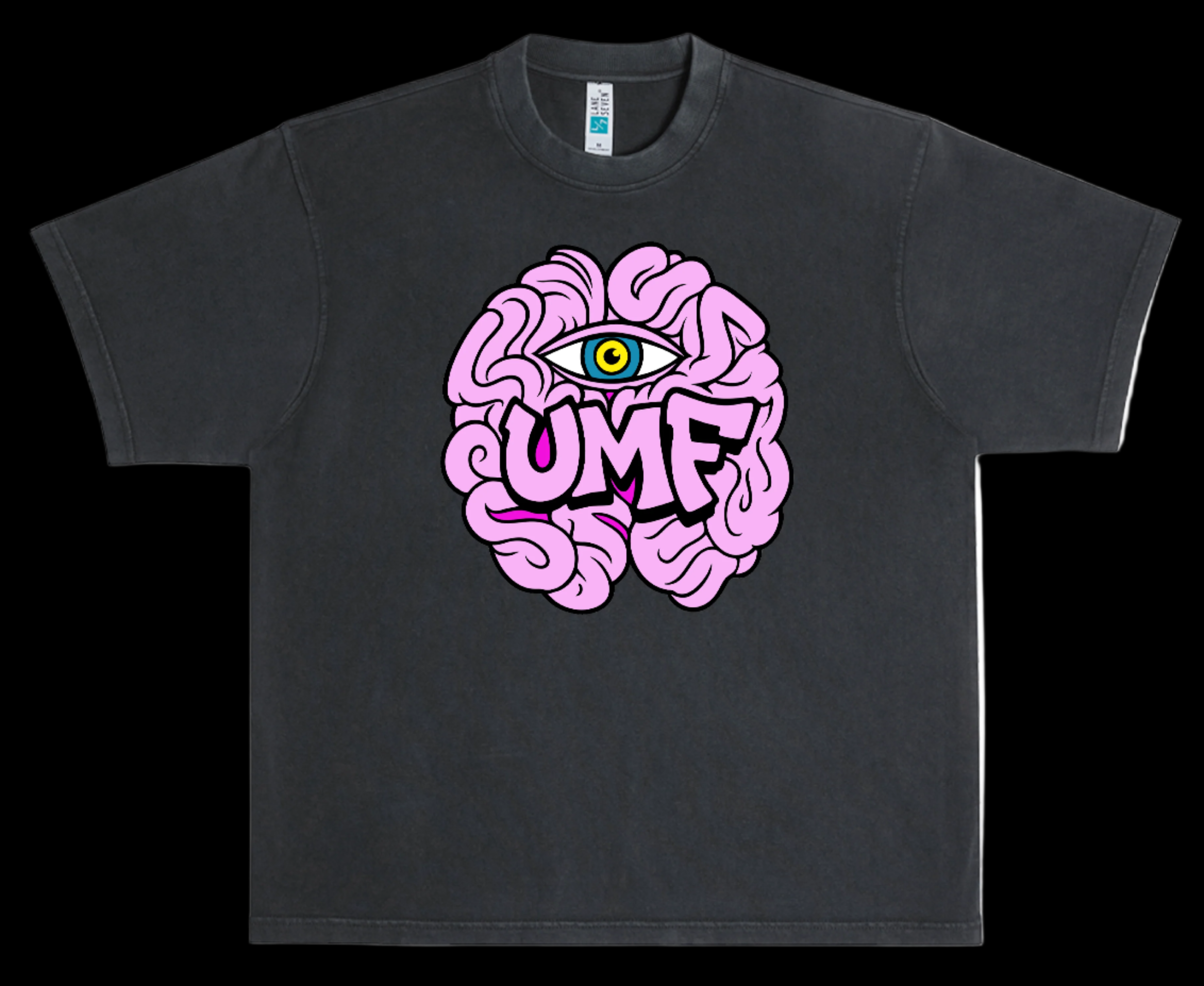 Black t-shirt with pink brain graphic and 'UMF' text on a white background