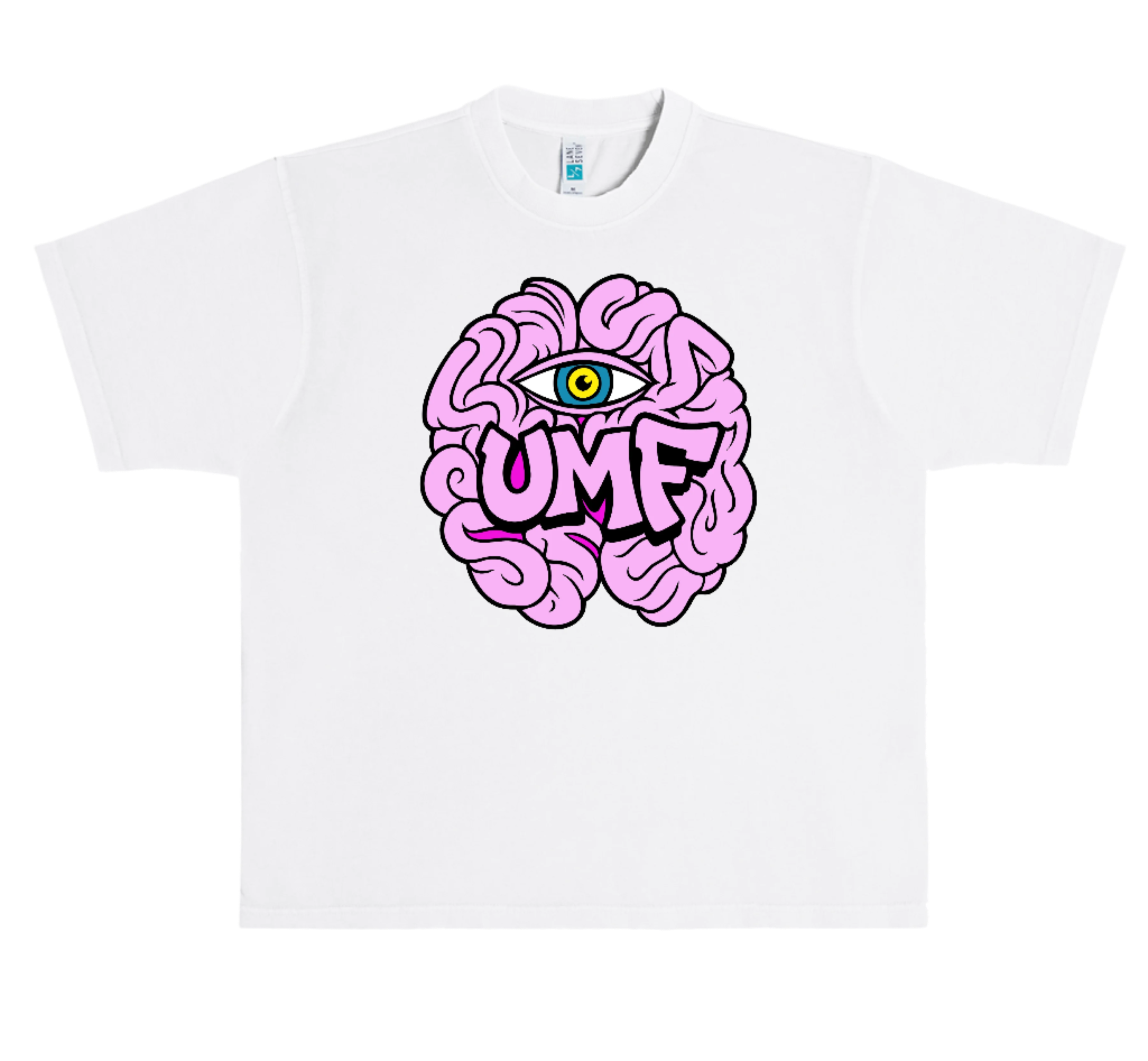 White t-shirt with a pink brain graphic and 'SUMF' text on a white background