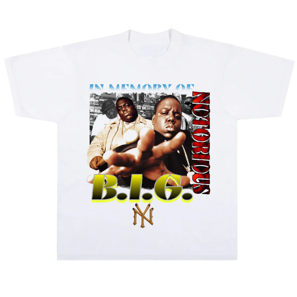 White t-shirt with graphic design featuring two men and text on a white background
