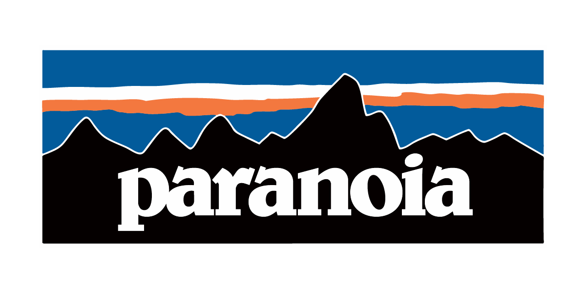 Logo with mountains and 'paranoia' text on a blue and orange striped background