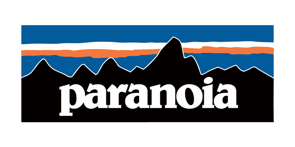 Logo with mountains and 'paranoia' text on a blue and orange striped background
