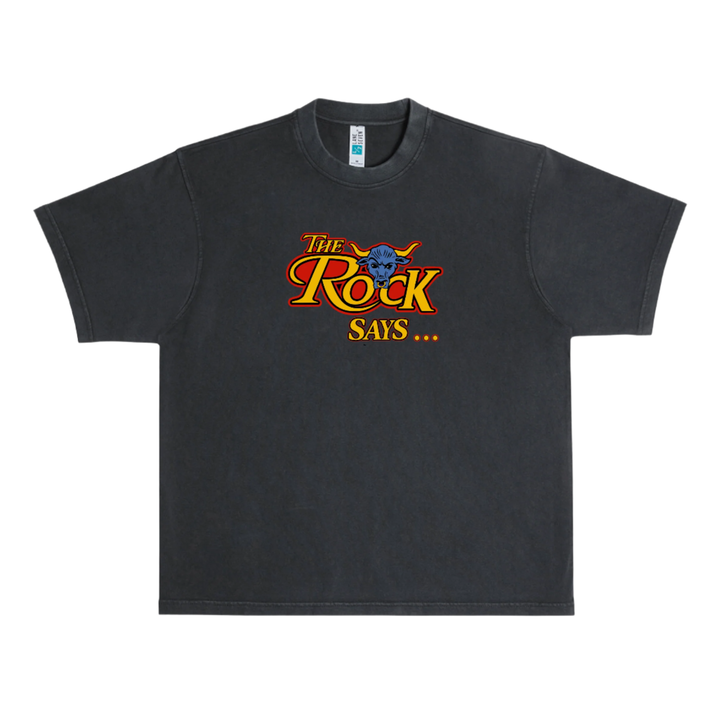 Black t-shirt with 'The Rock Says...' graphic on a white background