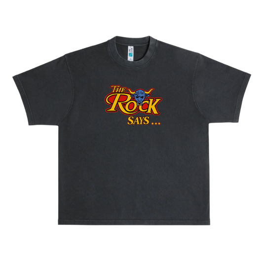 Black t-shirt with 'The Rock Says...' graphic on a white background