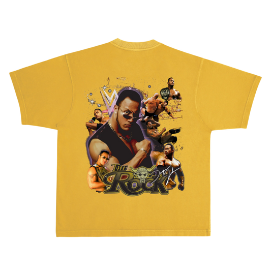 Yellow t-shirt with wrestling graphic and text on a white background