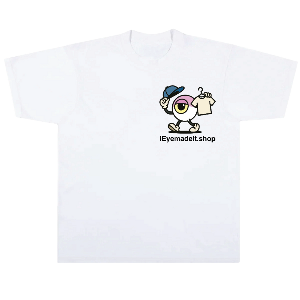 White t-shirt with a cartoon character and 'iEyemadeit.shop' text on a white background