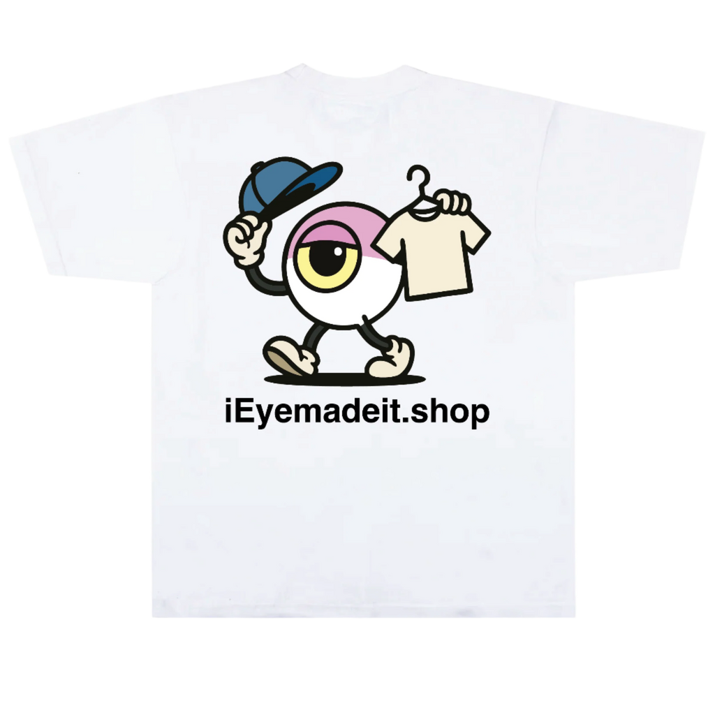 White t-shirt with a cartoon character and 'iEyemadeit.shop' text on a white background