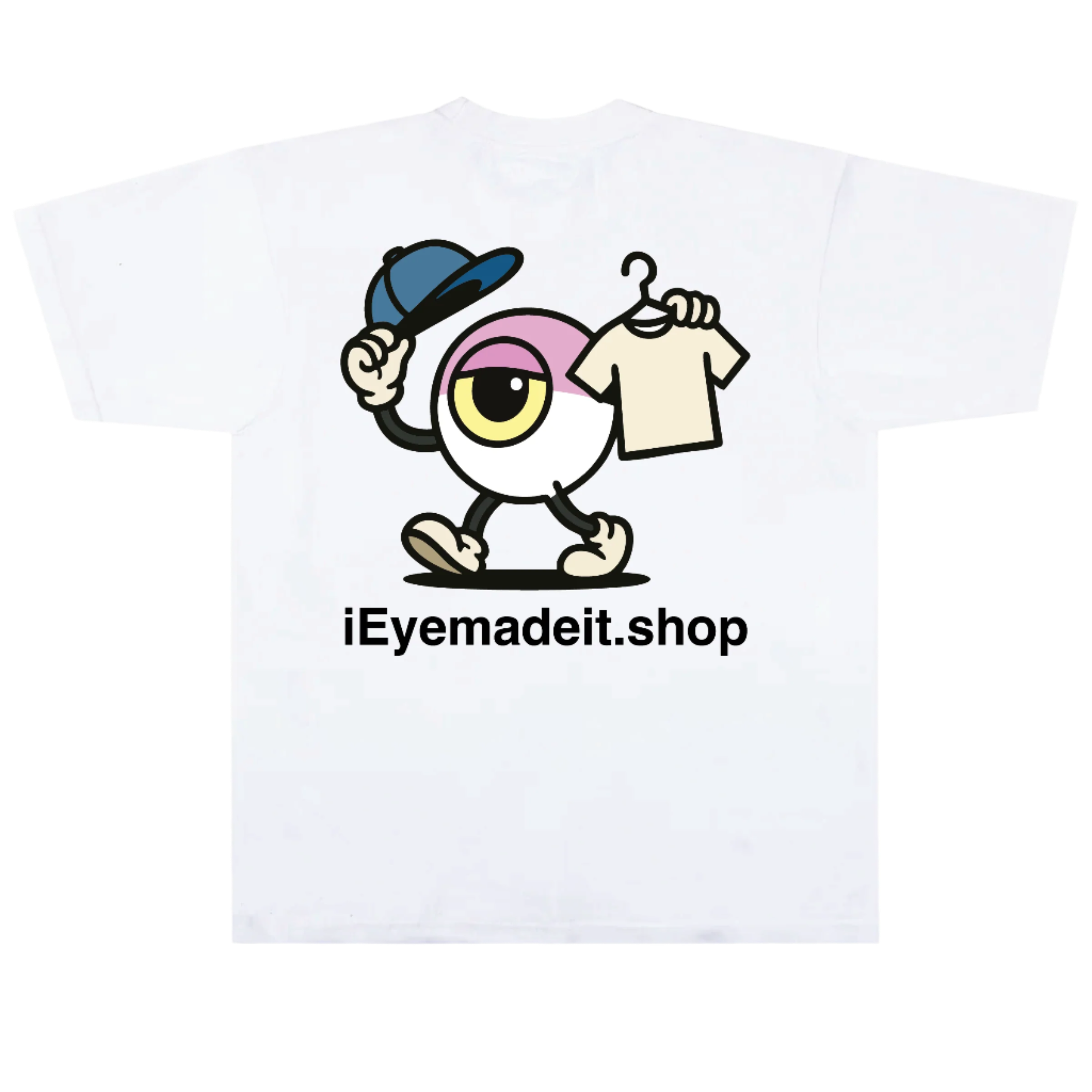 White t-shirt with a cartoon character and 'iEyemadeit.shop' text on a white background