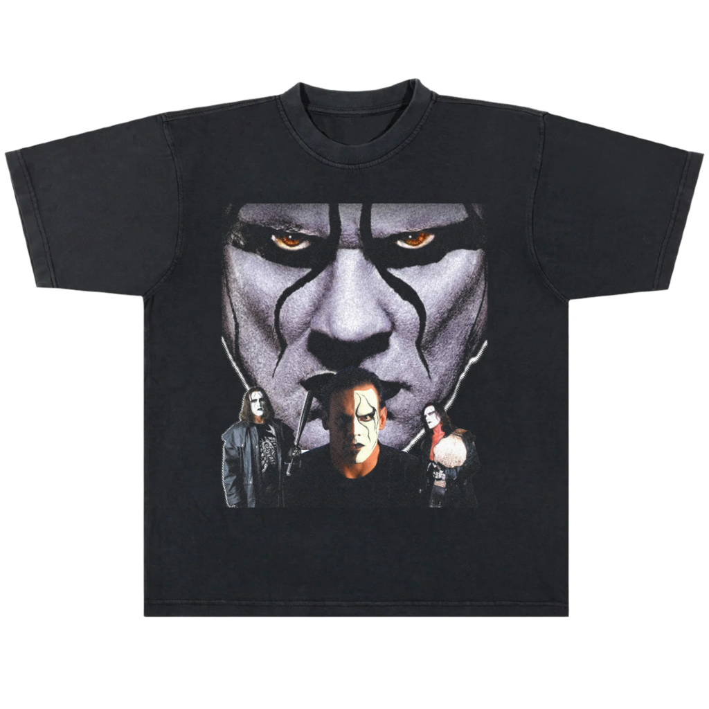 Black t-shirt with a white scorpion  wcw wwf wwe sting design on the back against a white background