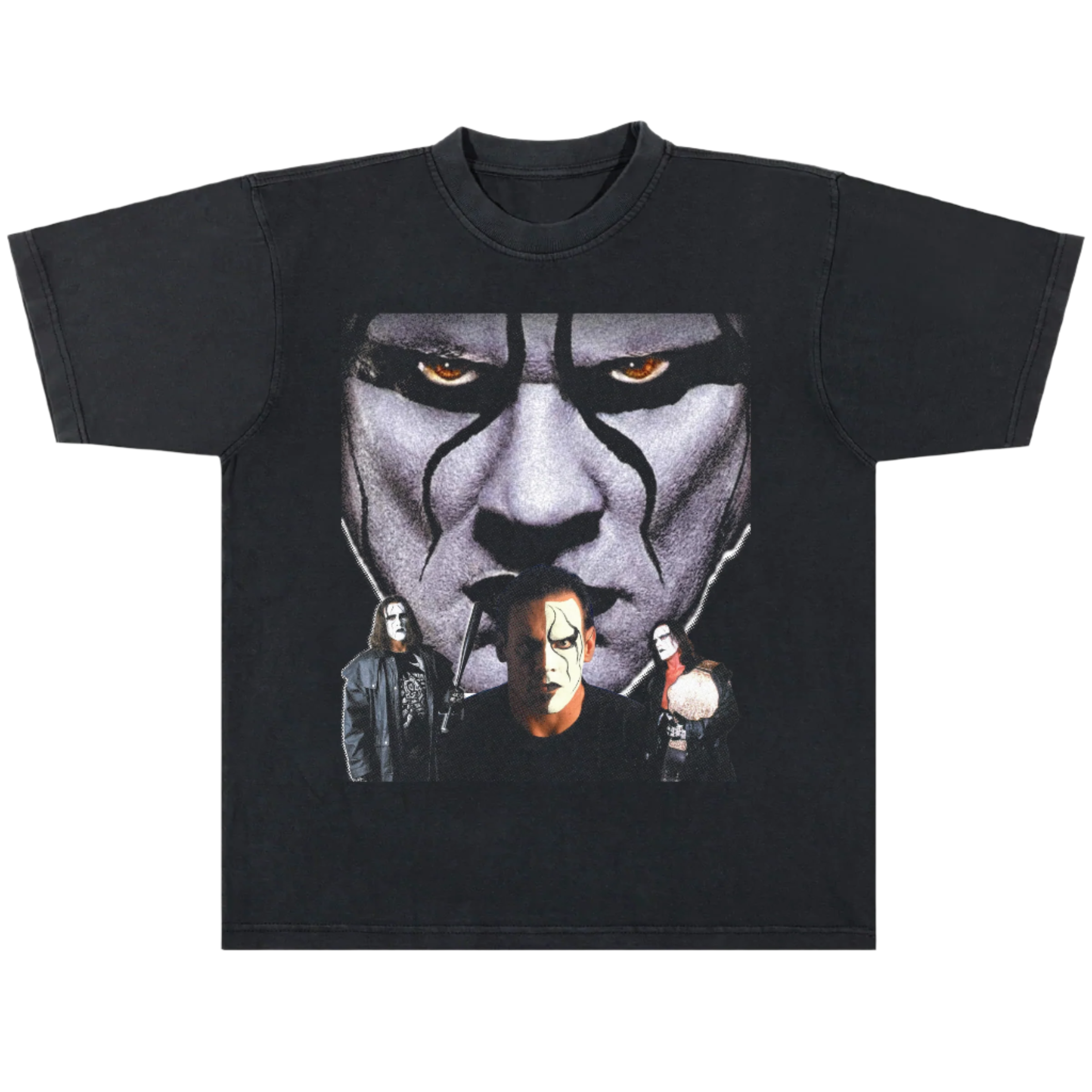 Black t-shirt with a white scorpion  wcw wwf wwe sting design on the back against a white background