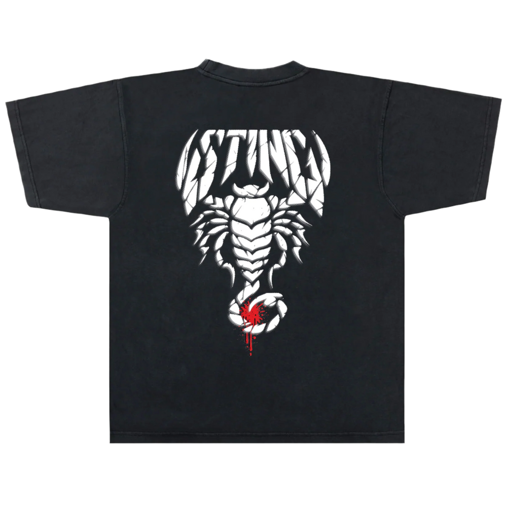 Black t-shirt with a white scorpion  wcw wwf wwe sting design on the back against a white background