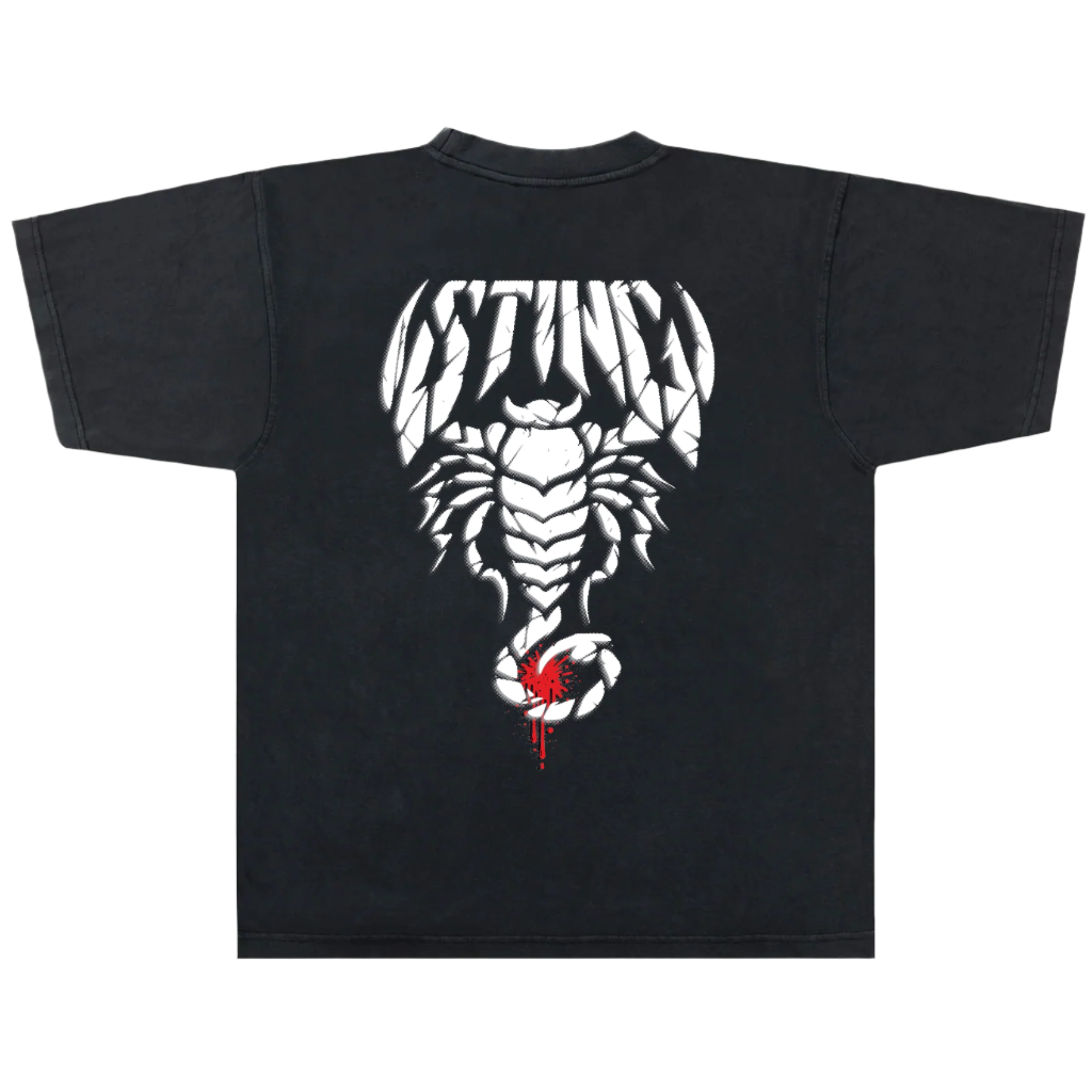 Black t-shirt with a white scorpion  wcw wwf wwe sting design on the back against a white background
