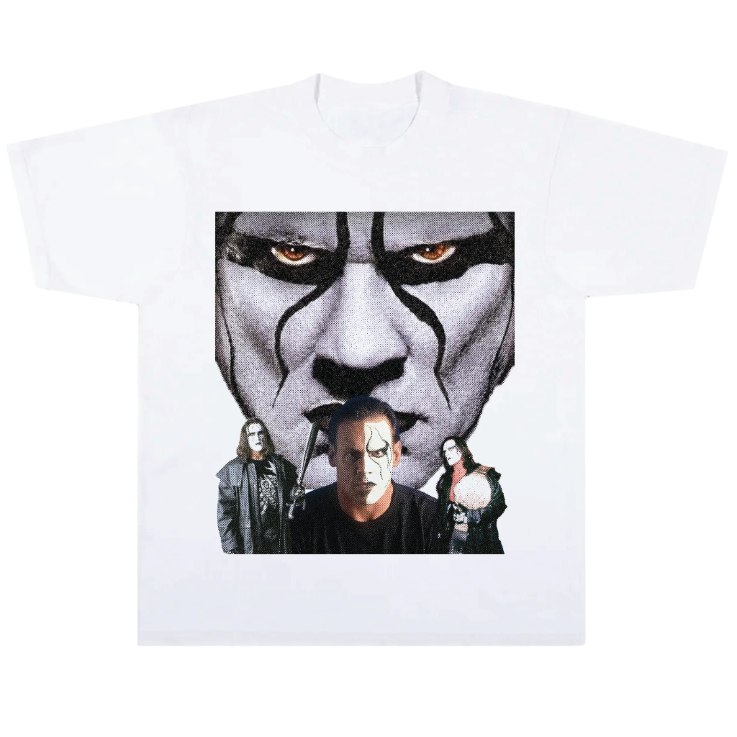 white t-shirt with a white scorpion  wcw wwf wwe sting design on the back against a white background