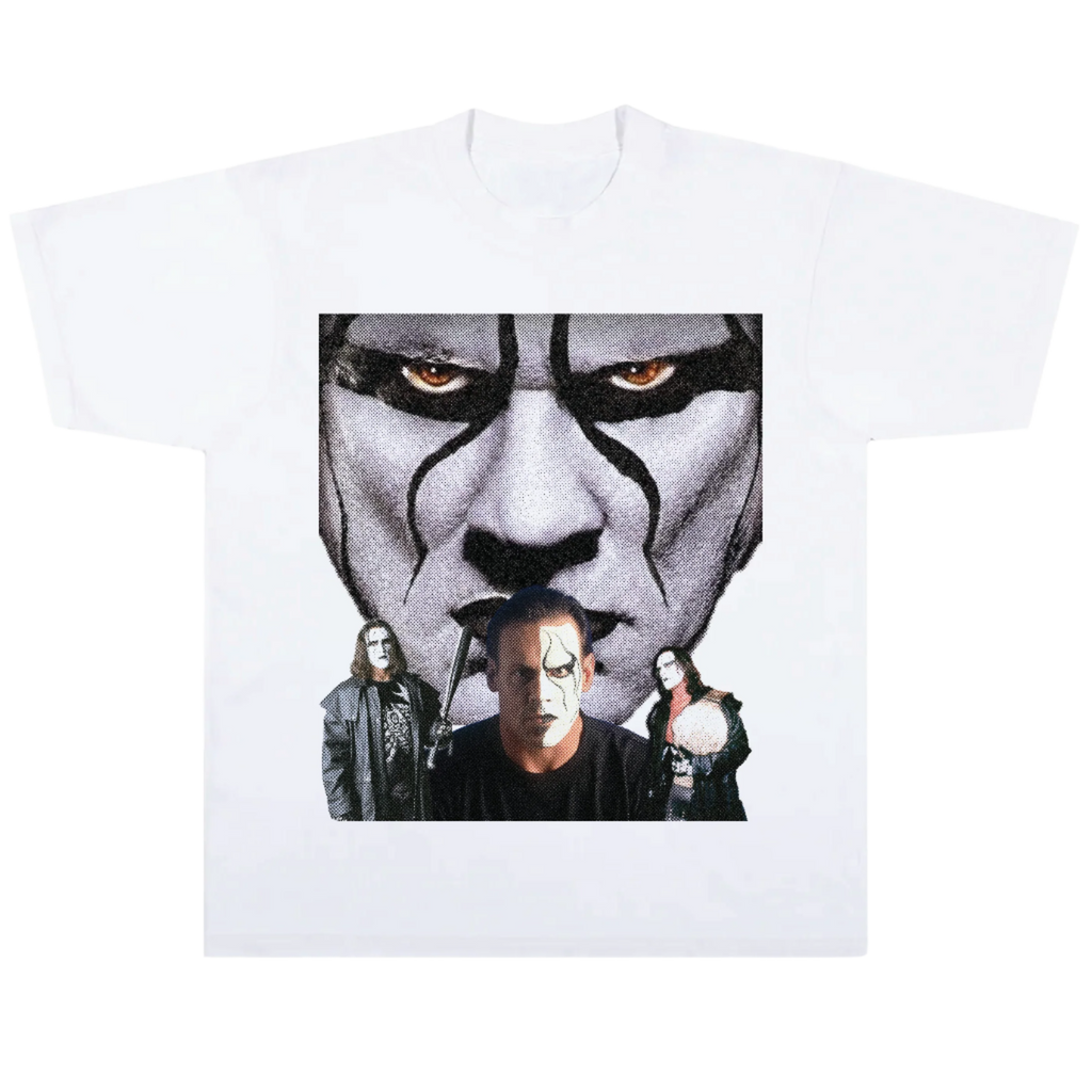 white t-shirt with a white scorpion  wcw wwf wwe sting design on the back against a white background