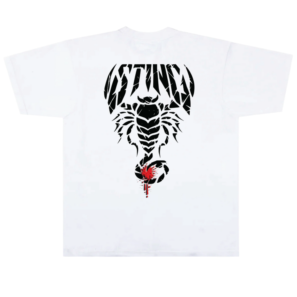 white t-shirt with a white scorpion  wcw wwf wwe sting design on the back against a white background