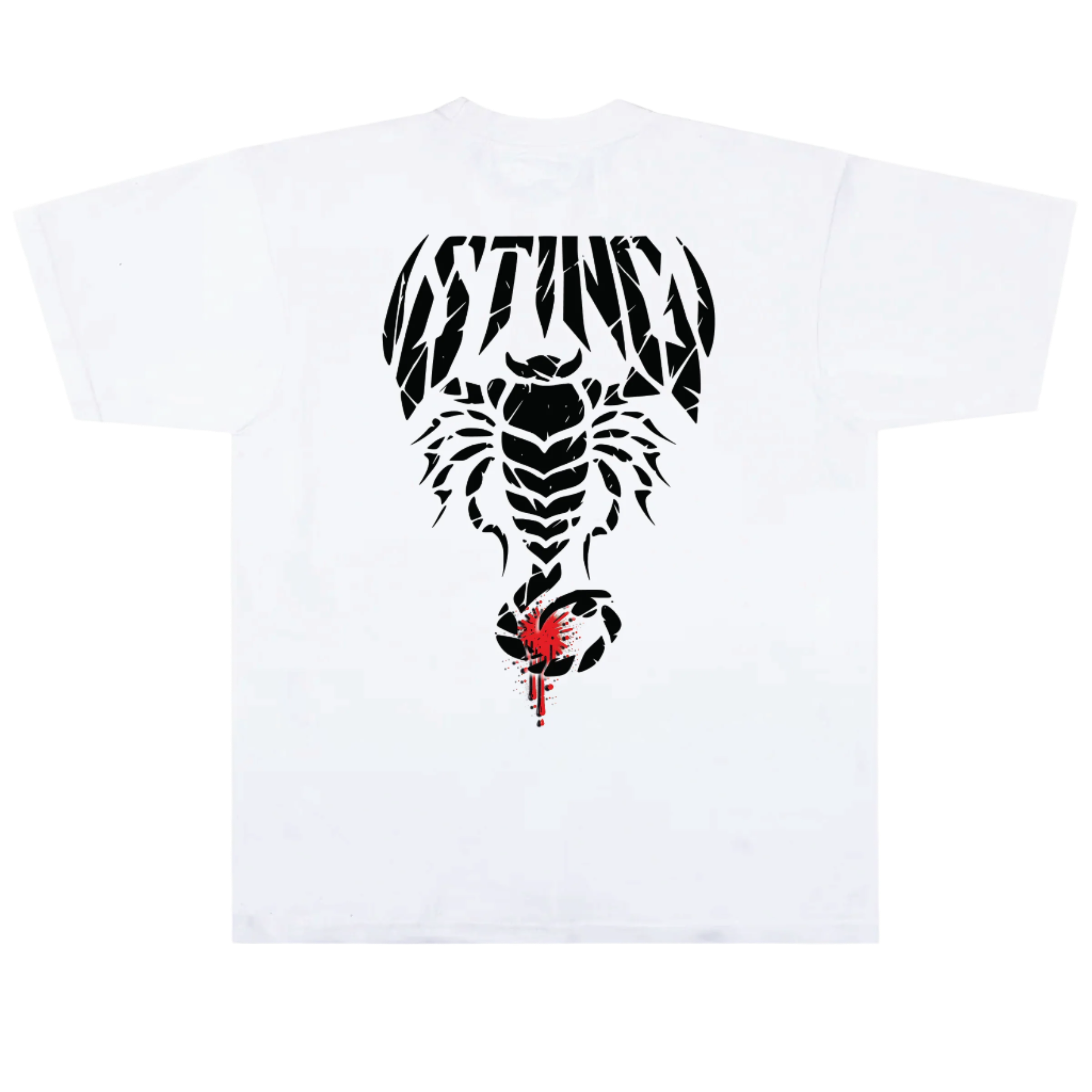 white t-shirt with a white scorpion  wcw wwf wwe sting design on the back against a white background