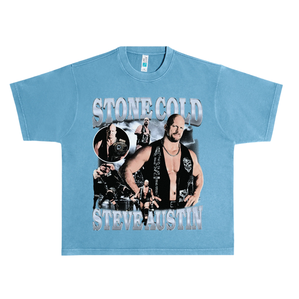 Light blue t-shirt with 'Stone Cold Steve Austin' graphic on a white background