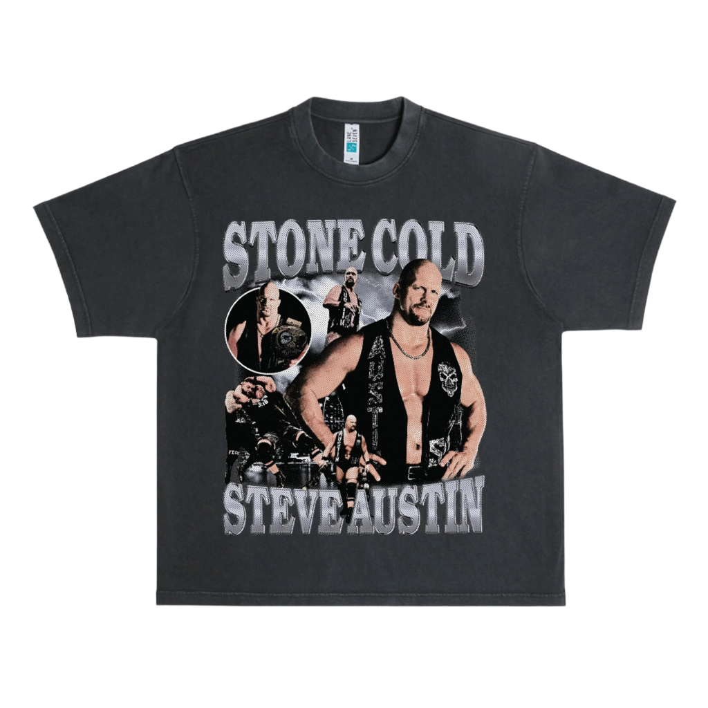 Black t-shirt with 'Stone Cold Steve Austin' graphic design on a white background