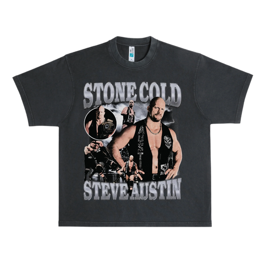 Black t-shirt with 'Stone Cold Steve Austin' graphic design on a white background