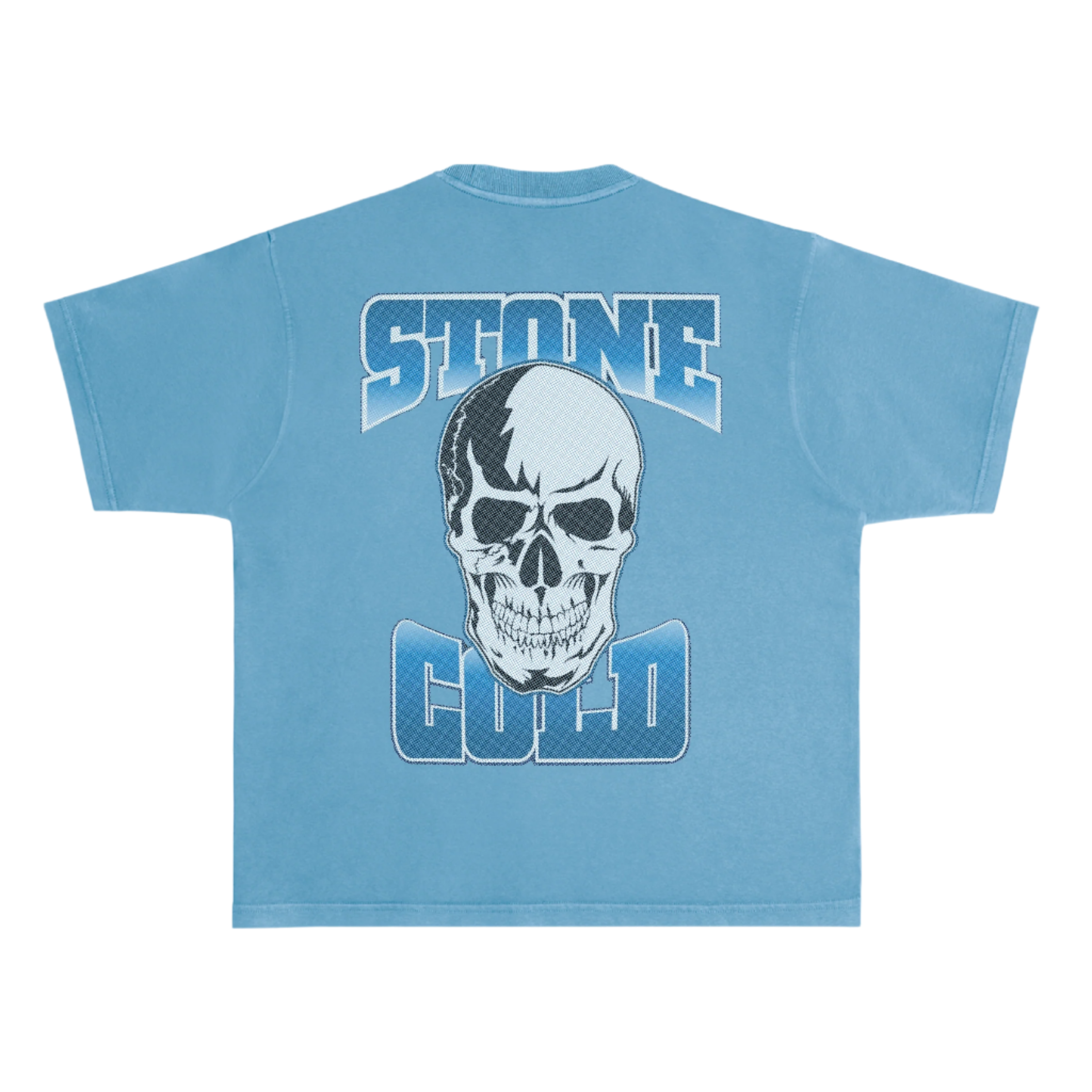 Blue t-shirt with a skull design and 'STONE COLD' text on the back against a white background
