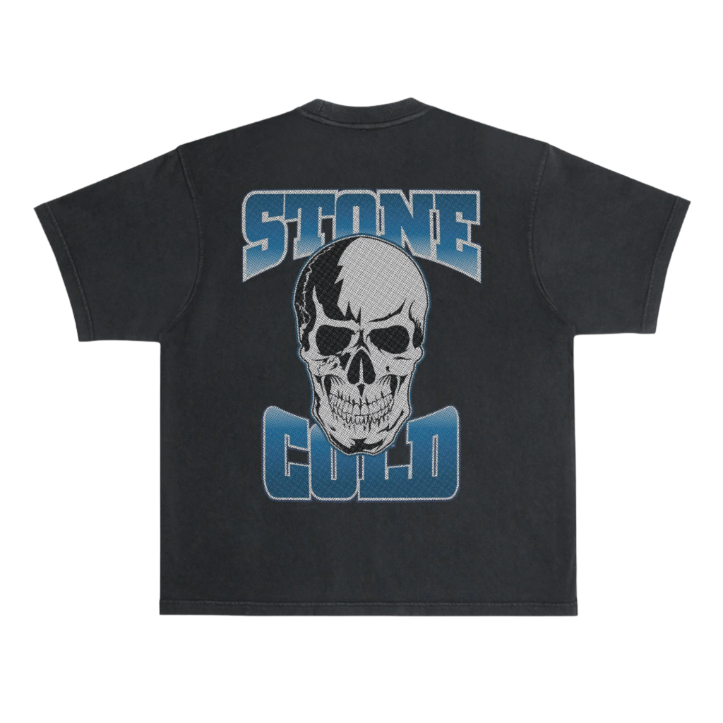 Black t-shirt with a skull graphic and 'STONE COLD' text on the back against a white background