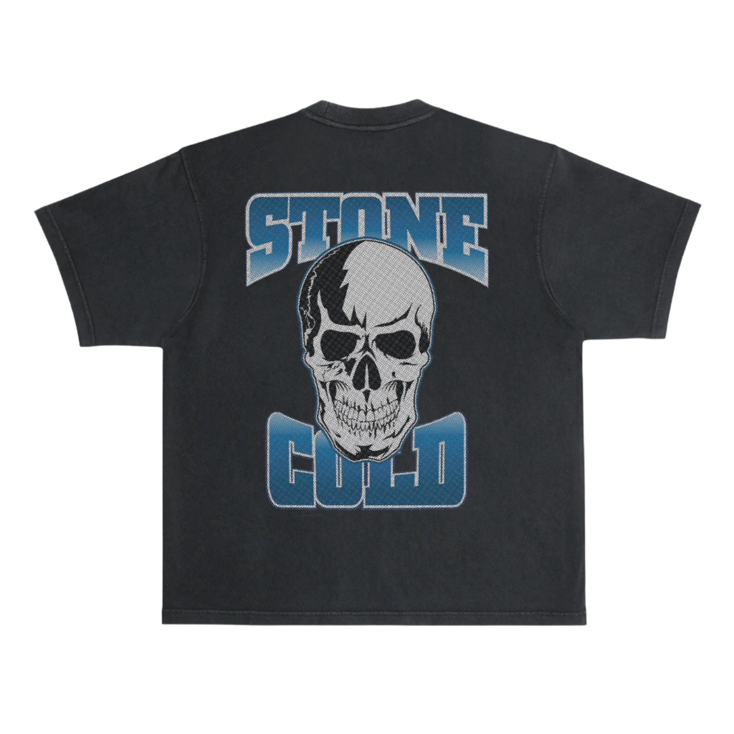 Black t-shirt with a skull graphic and 'STONE COLD' text on the back against a white background
