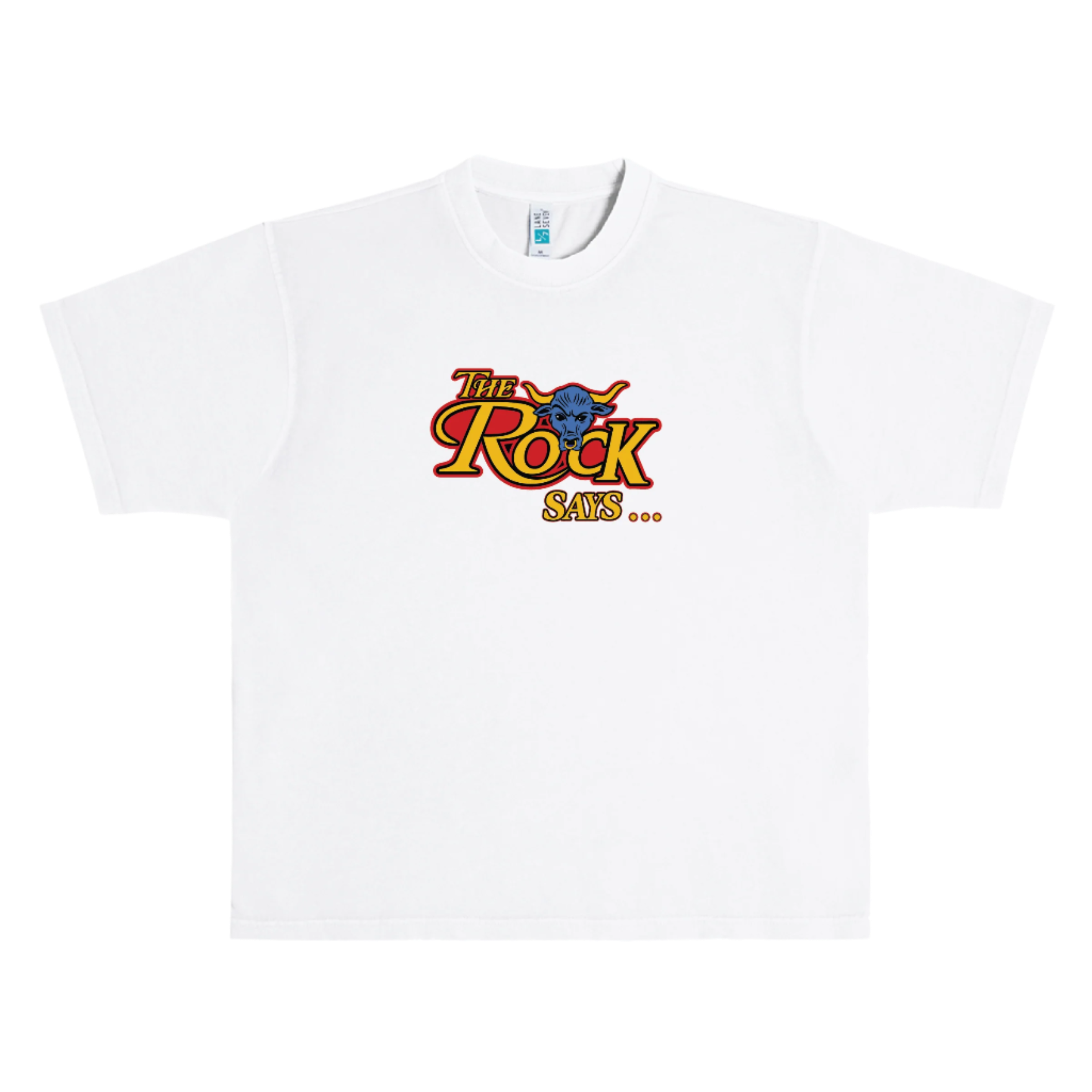 White t-shirt with 'The Rock Says' graphic design on a white background