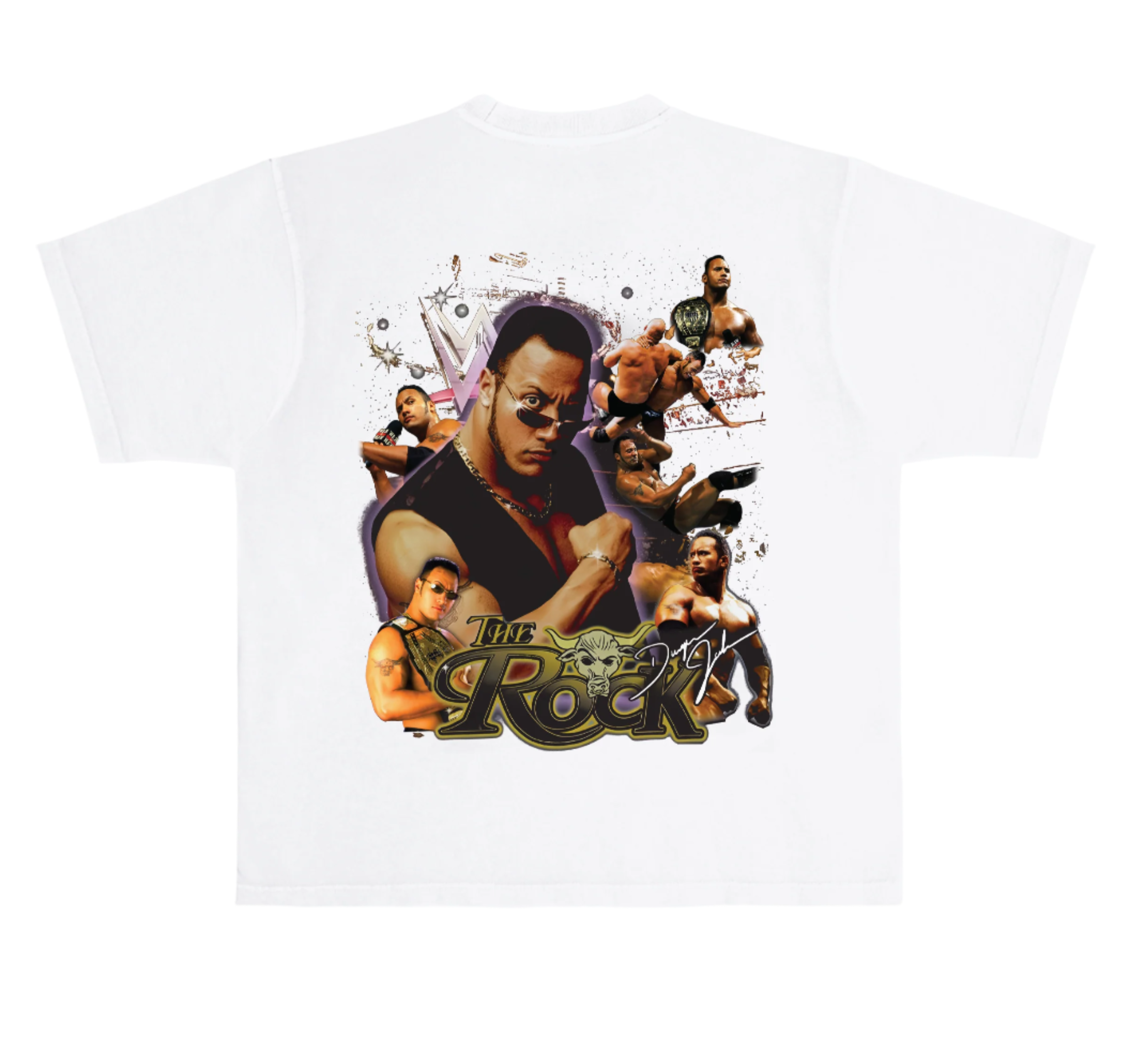 White t-shirt with graphic design featuring a central figure and text on a white background