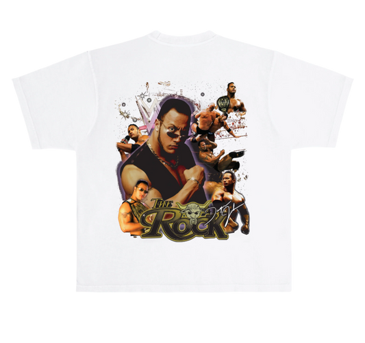 White t-shirt with graphic design featuring a central figure and text on a white background
