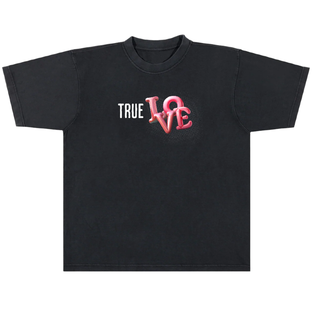 Black t-shirt with 'TRUE LOVE' text and red heart design on a white background